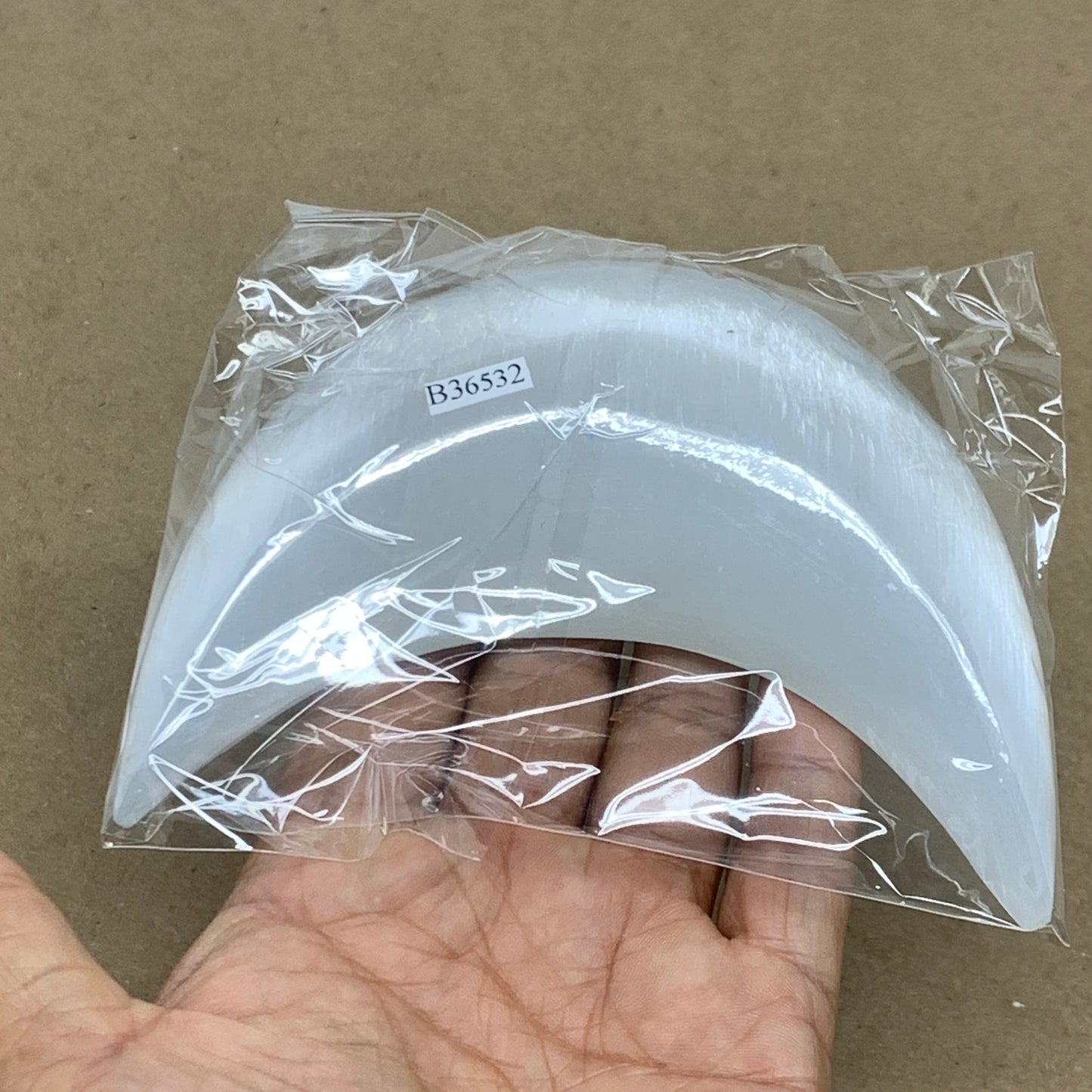 239g, 4.7"x2.2"x1", Selenite Crescent Moon Crystal (Satin Spar), B36532