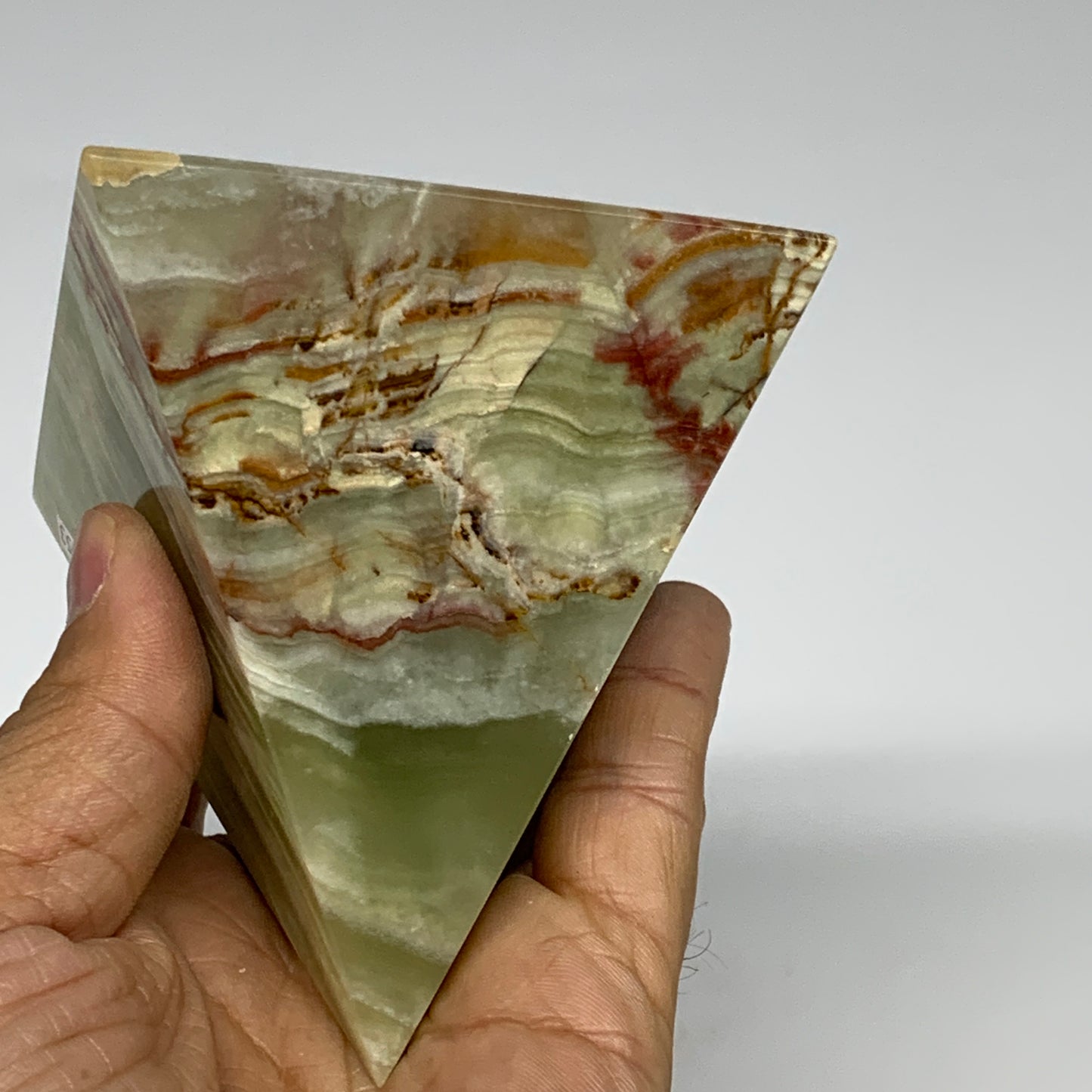 0.94 lbs, 3"x2.9"x2.9", Green Onyx Pyramid Gemstone Crystal, B32453