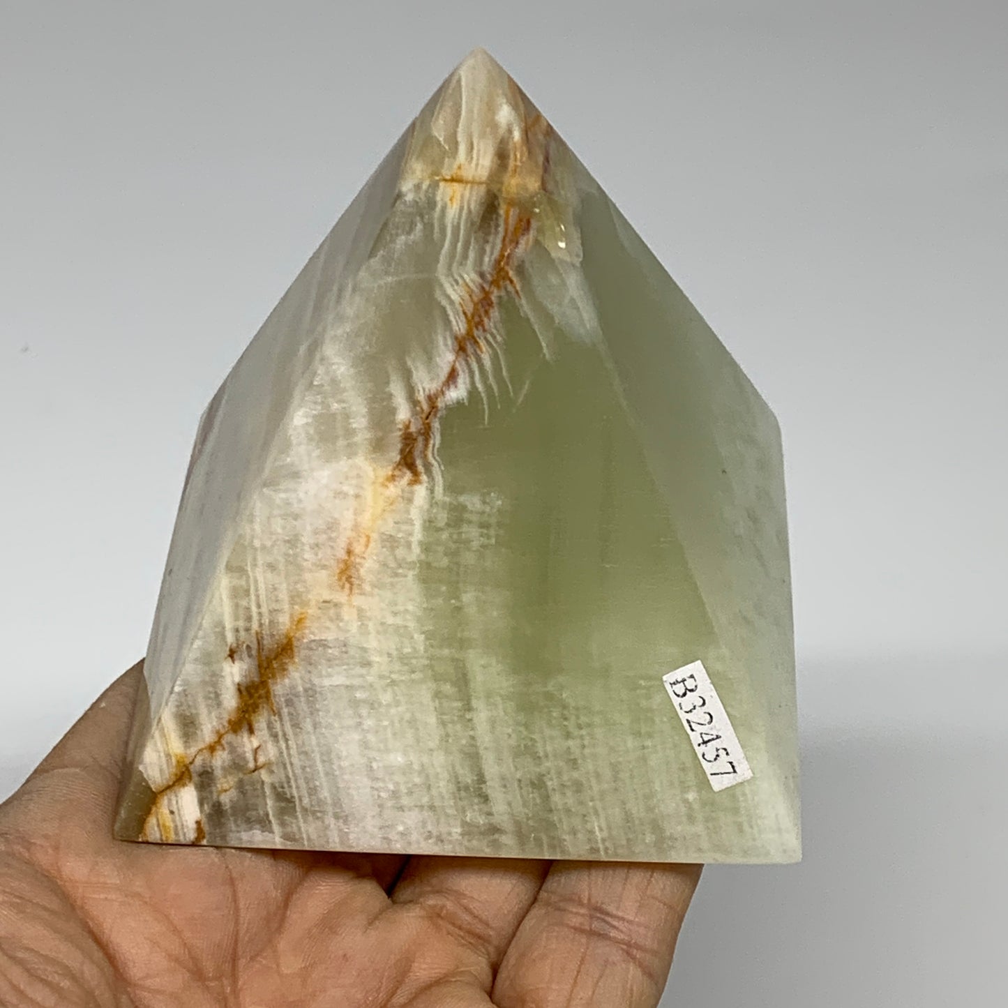 0.88 lbs, 3"x2.8"x2.8", Green Onyx Pyramid Gemstone Crystal, B32457