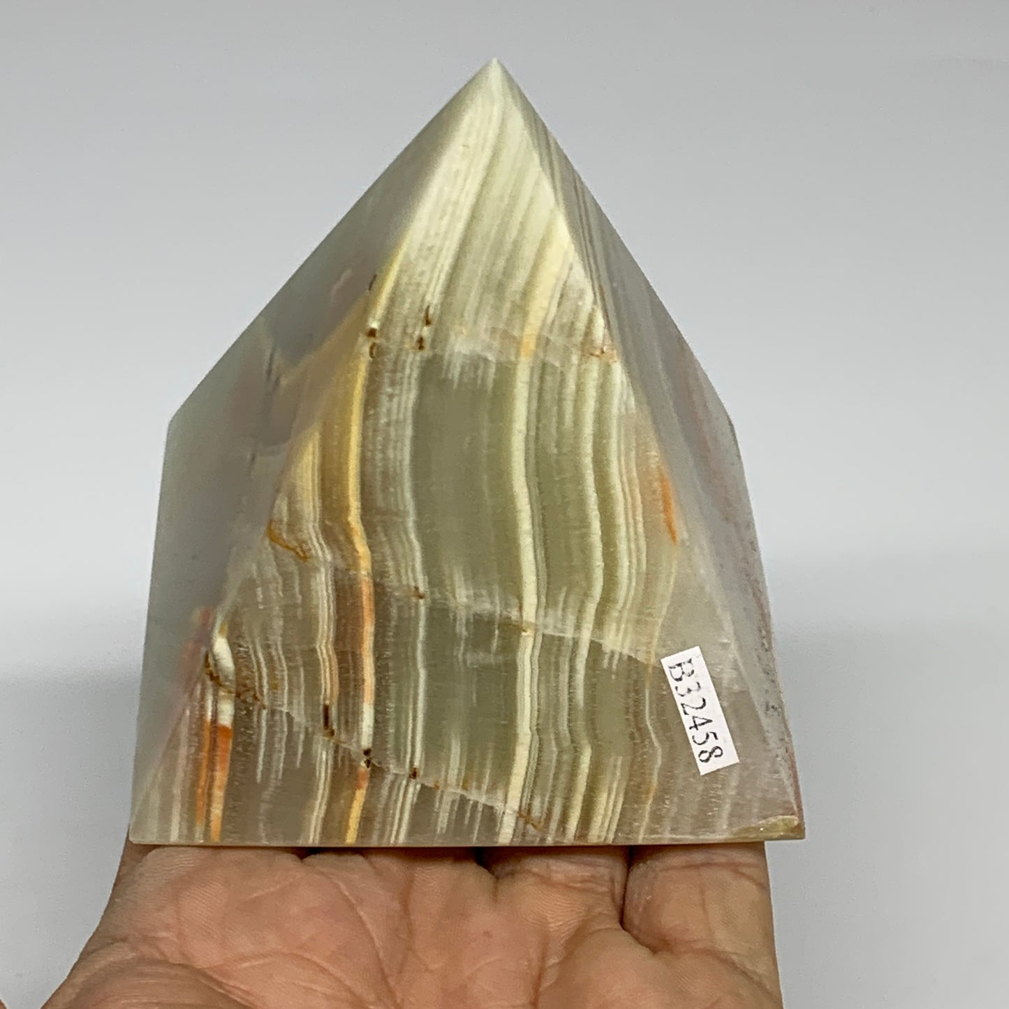 0.91 lbs, 3"x2.9"x2.9", Green Onyx Pyramid Gemstone Crystal, B32458