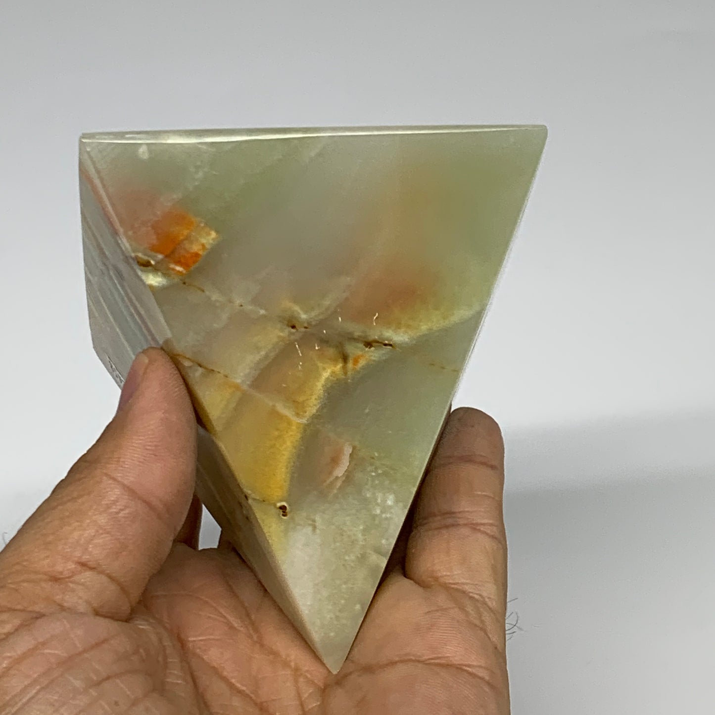 0.91 lbs, 3"x2.9"x2.9", Green Onyx Pyramid Gemstone Crystal, B32458