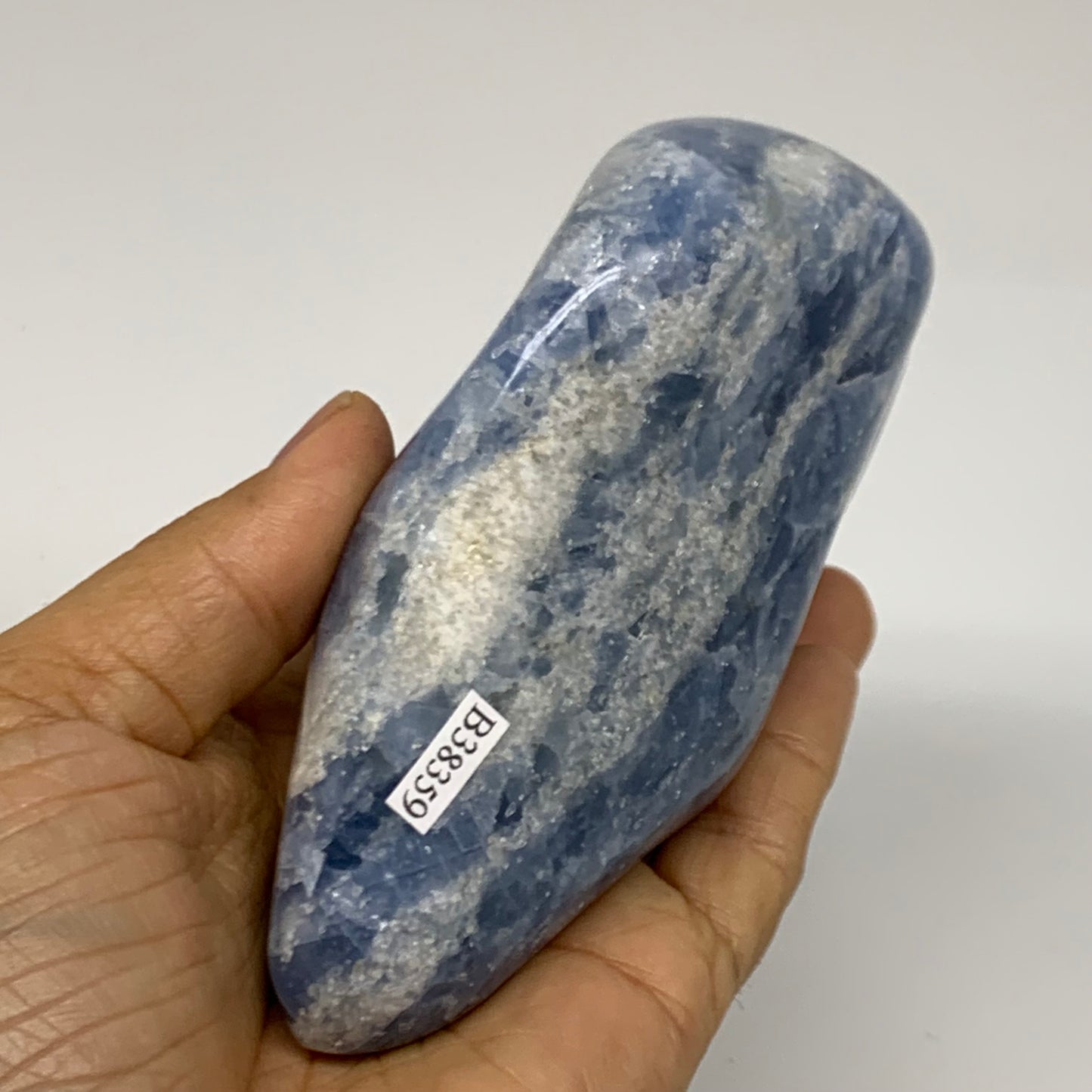 1.36 lbs, 4.7"x3.6"x1.9", Natural Blue Calcite Polished Freeform Stands, B38359