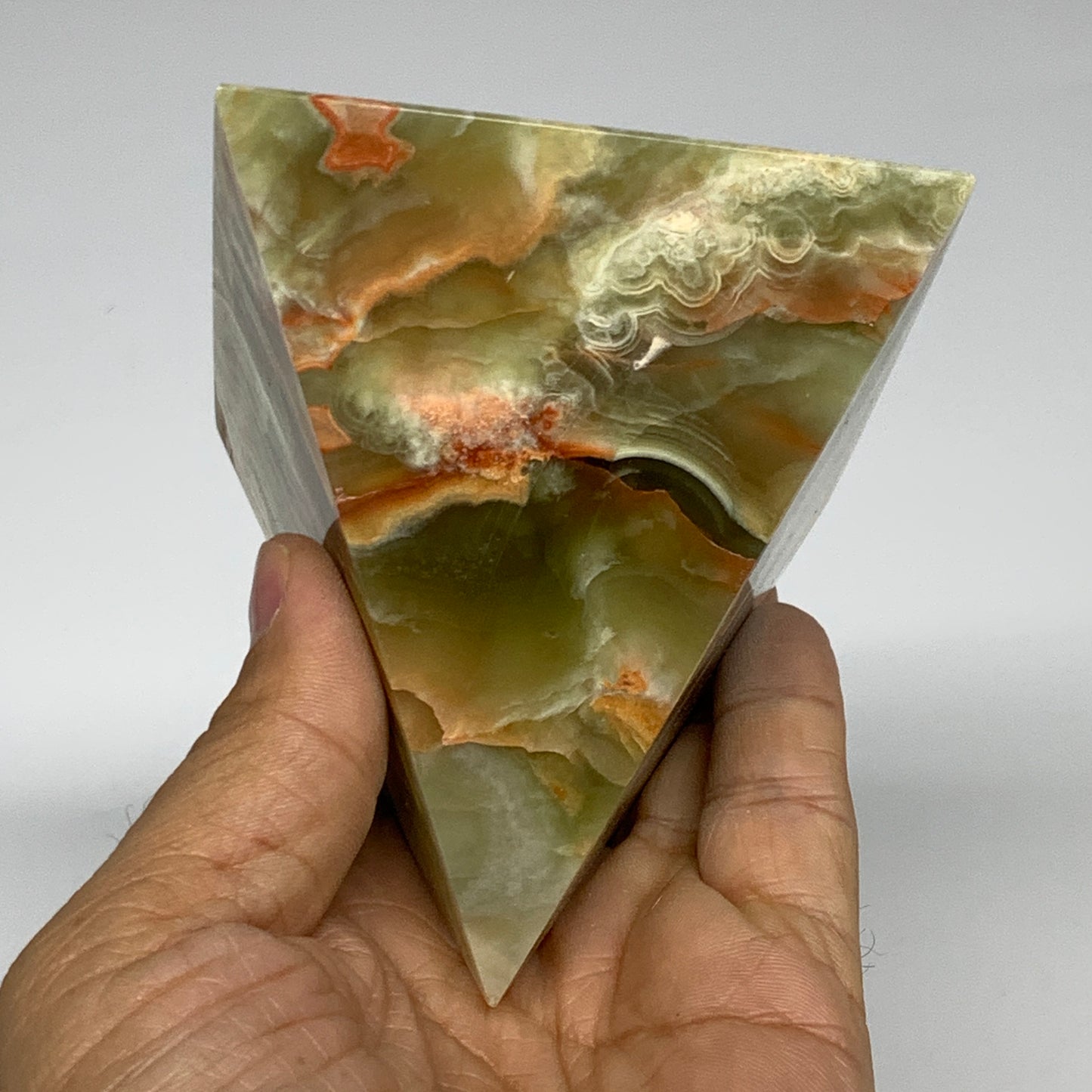 1.06 lbs, 3.2"x3"x3", Green Onyx Pyramid Gemstone Crystal, B32460