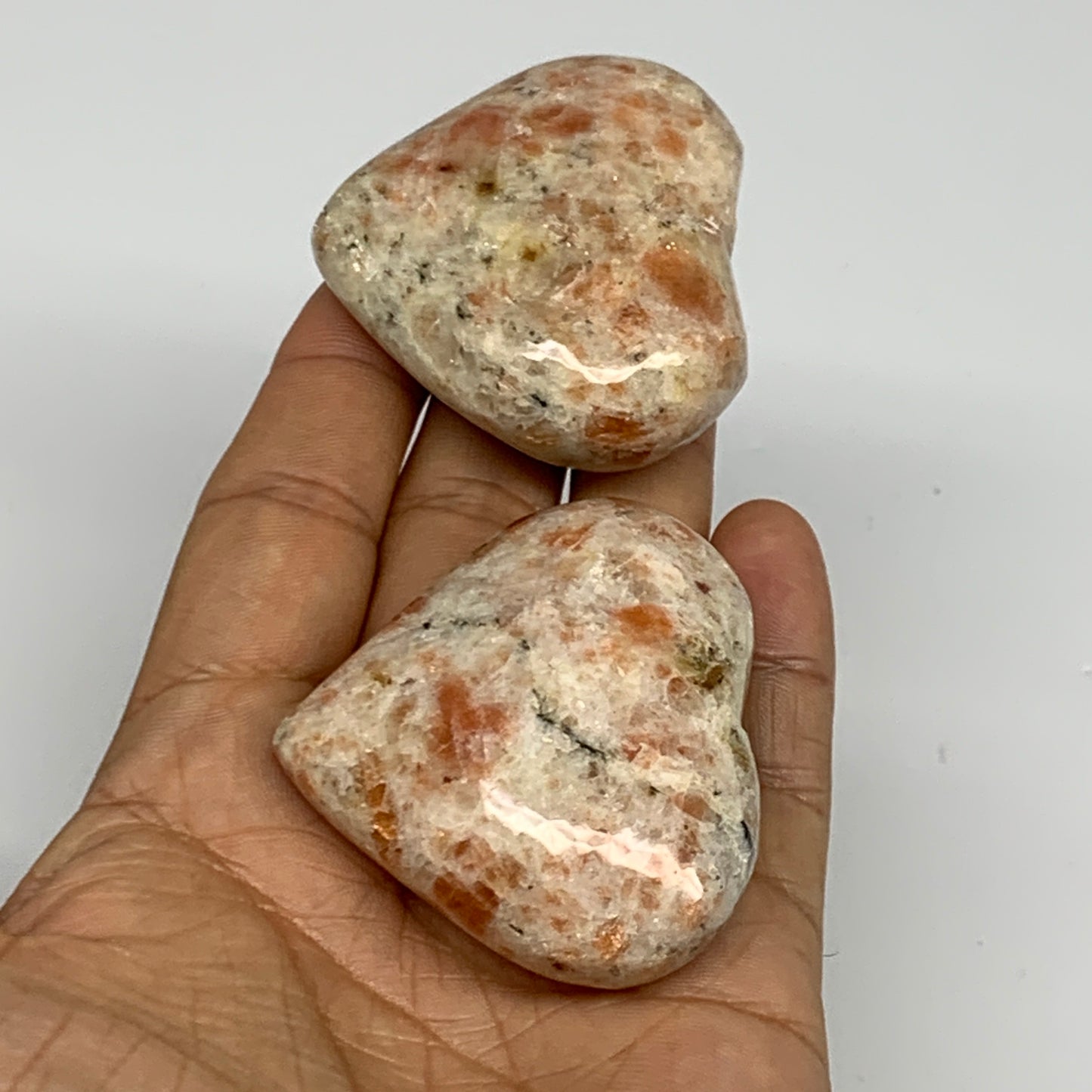 151.4g,1.8"-1.9", 2pcs, Sunstone Heart Polished Healing Crystal,B28029
