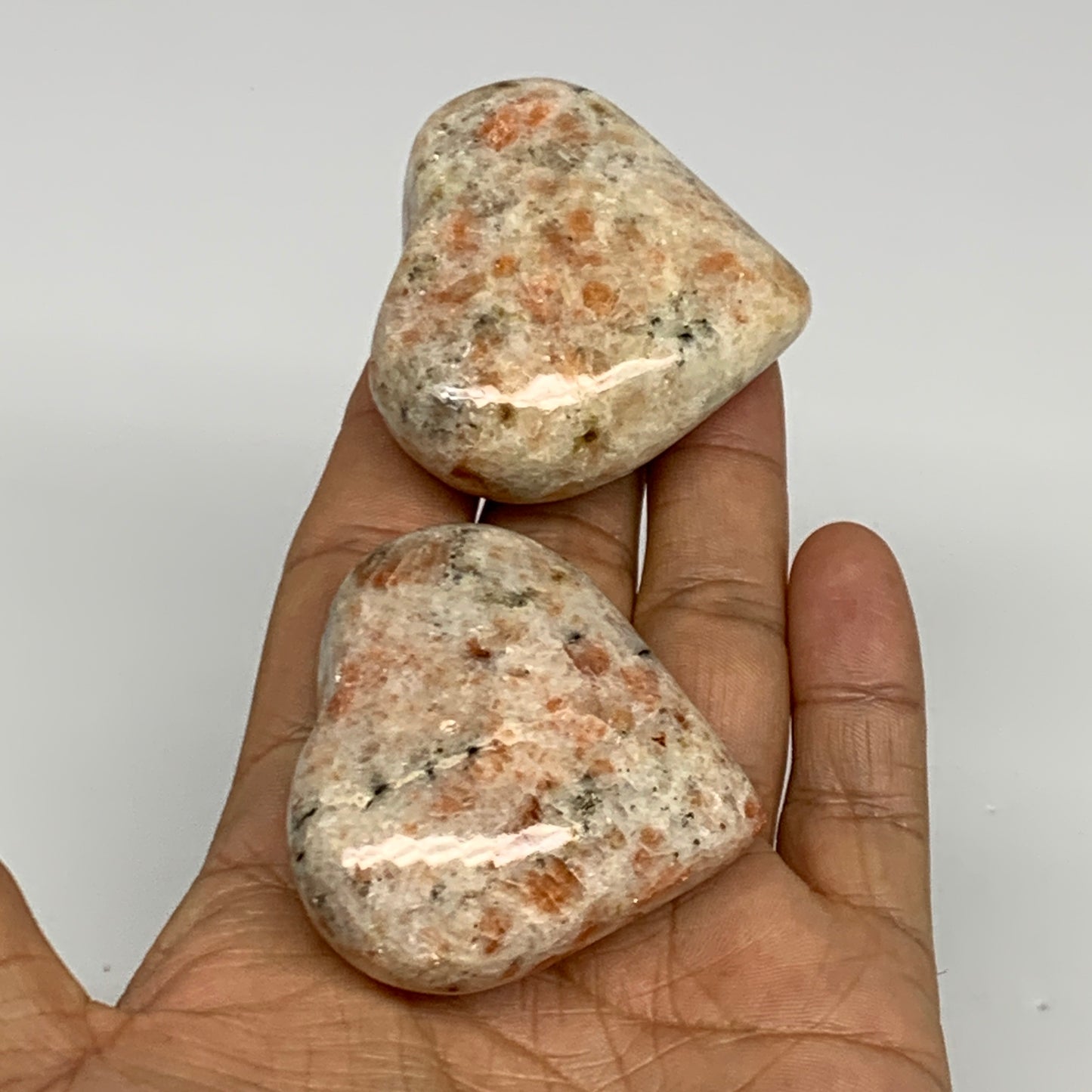 151.4g,1.8"-1.9", 2pcs, Sunstone Heart Polished Healing Crystal,B28029