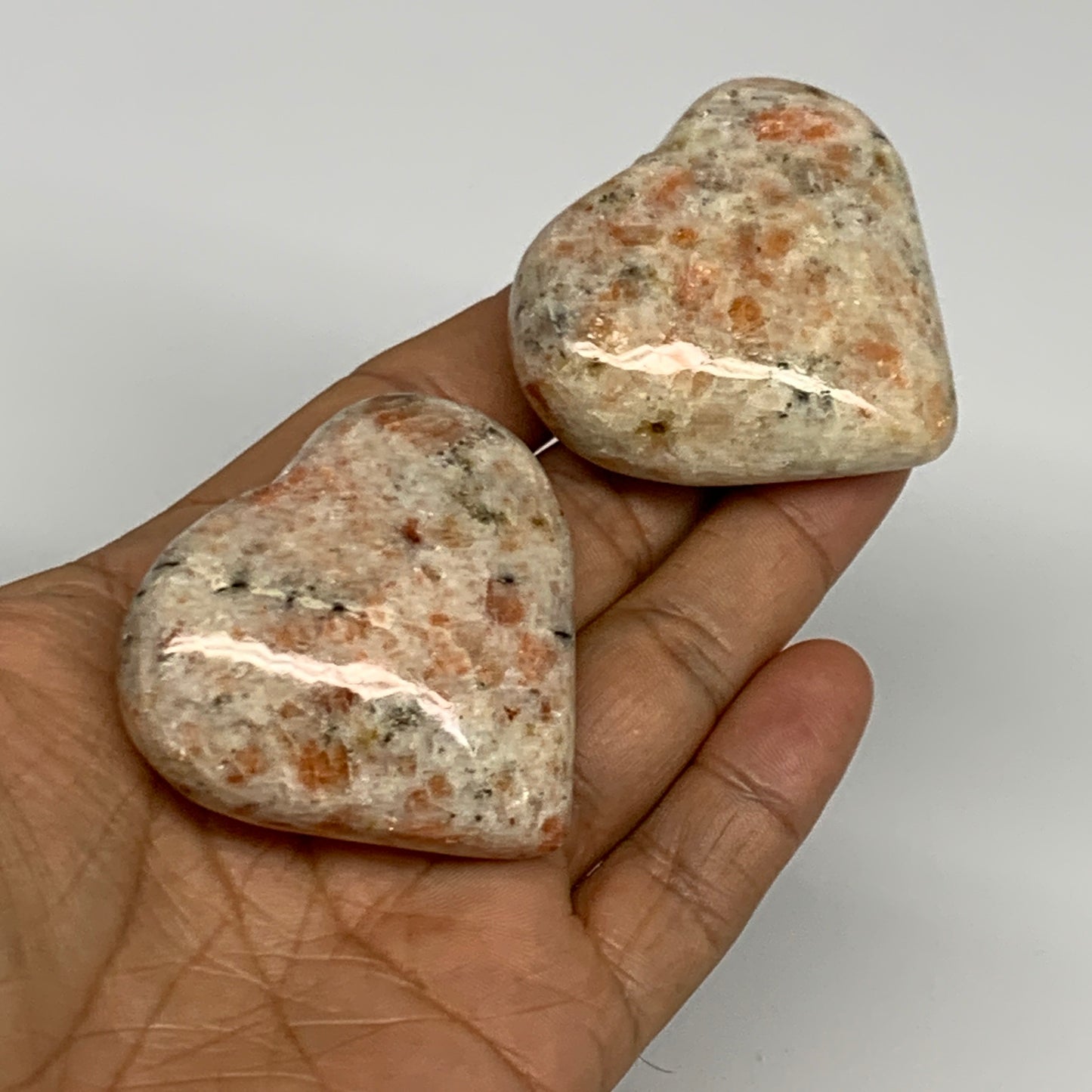 151.4g,1.8"-1.9", 2pcs, Sunstone Heart Polished Healing Crystal,B28029