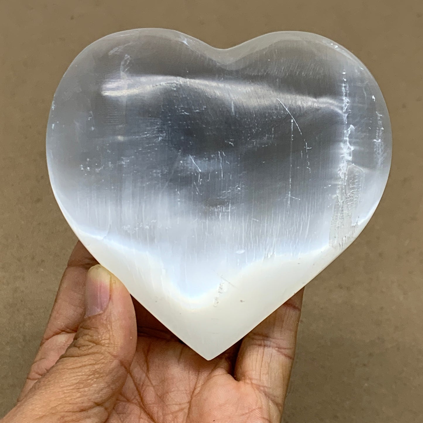 0.99 lbs, 3.9"x3.9"x1.6", Selenite Half Puffy Heart Crystals, Satin Spar, B36573