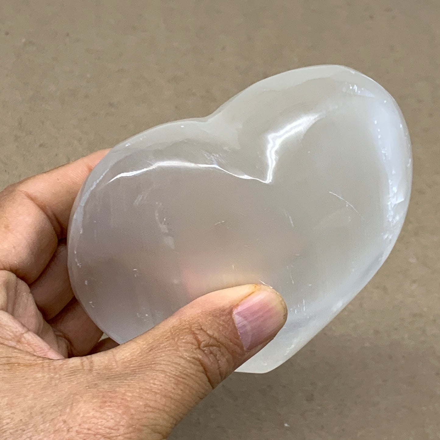 0.99 lbs, 3.9"x3.9"x1.6", Selenite Half Puffy Heart Crystals, Satin Spar, B36573