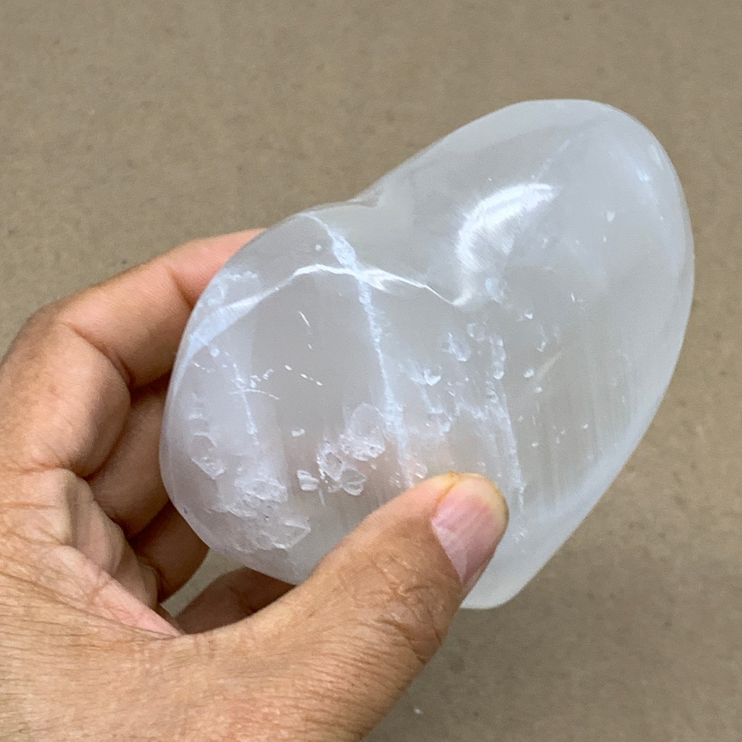 0.98 lbs, 3.9"x3.8"x1.7", Selenite Half Puffy Heart Crystals, Satin Spar, B36574