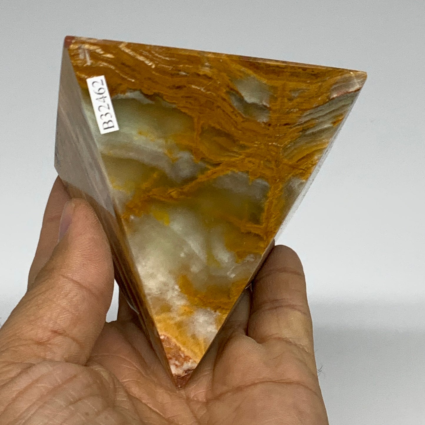 0.84 lbs, 2.8"x2.9"x2.9", Green Onyx Pyramid Gemstone Crystal, B32462