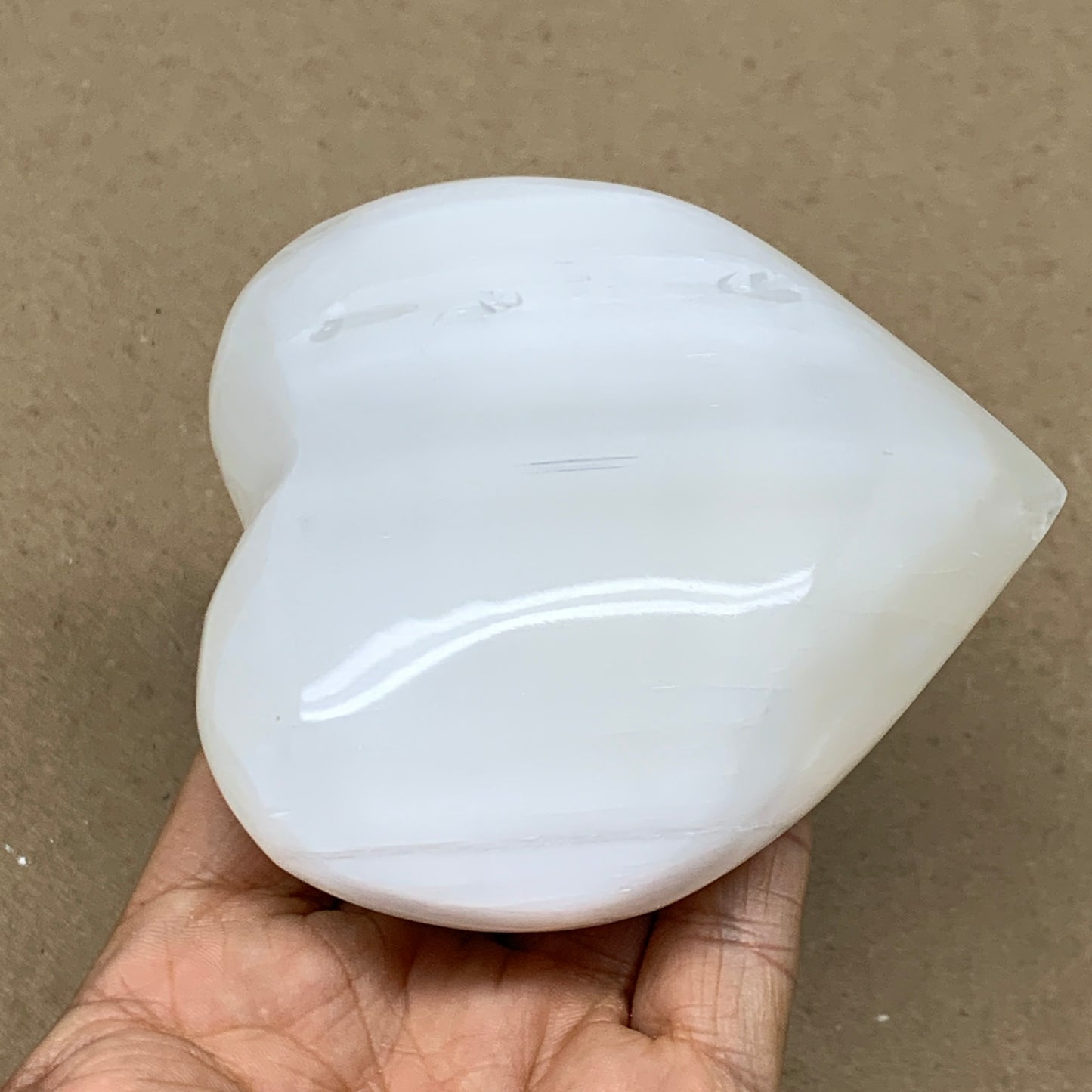 0.84 lbs, 3.8"x3.7"x1.6", Selenite Half Puffy Heart Crystals, Satin Spar, B36575