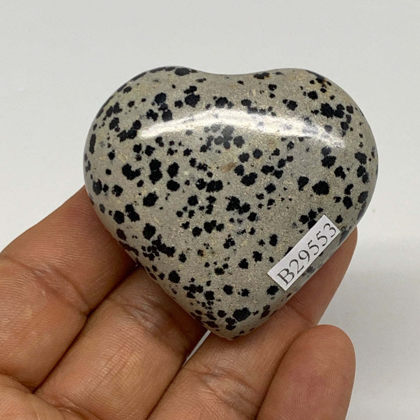 75.5g, 1.9"x2"x0.9" Dalmatian Jasper Heart Polished Healing Home Decor, B29553