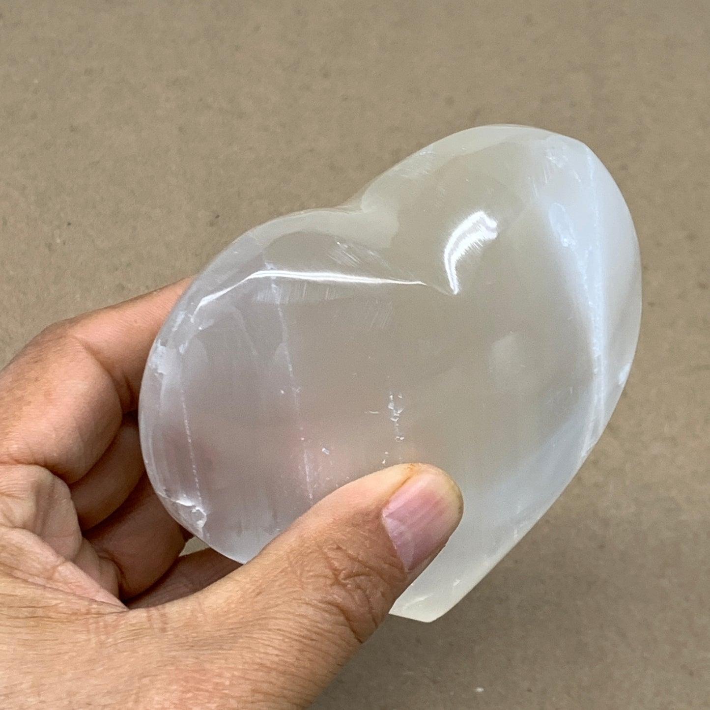 0.84 lbs, 3.8"x3.7"x1.6", Selenite Half Puffy Heart Crystals, Satin Spar, B36575