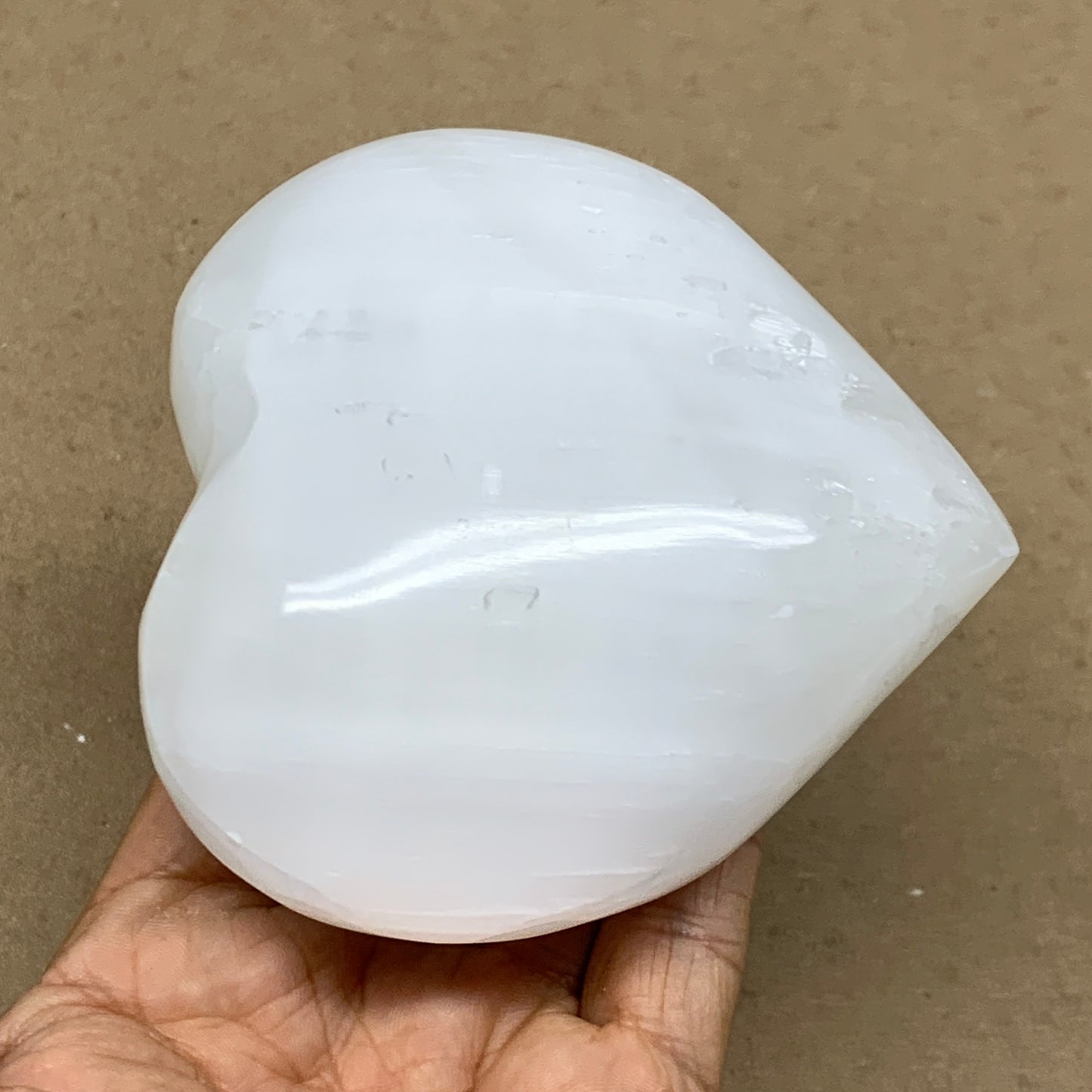 0.97 lbs, 3.8"x3.9"x1.6", Selenite Half Puffy Heart Crystals, Satin Spar, B36577