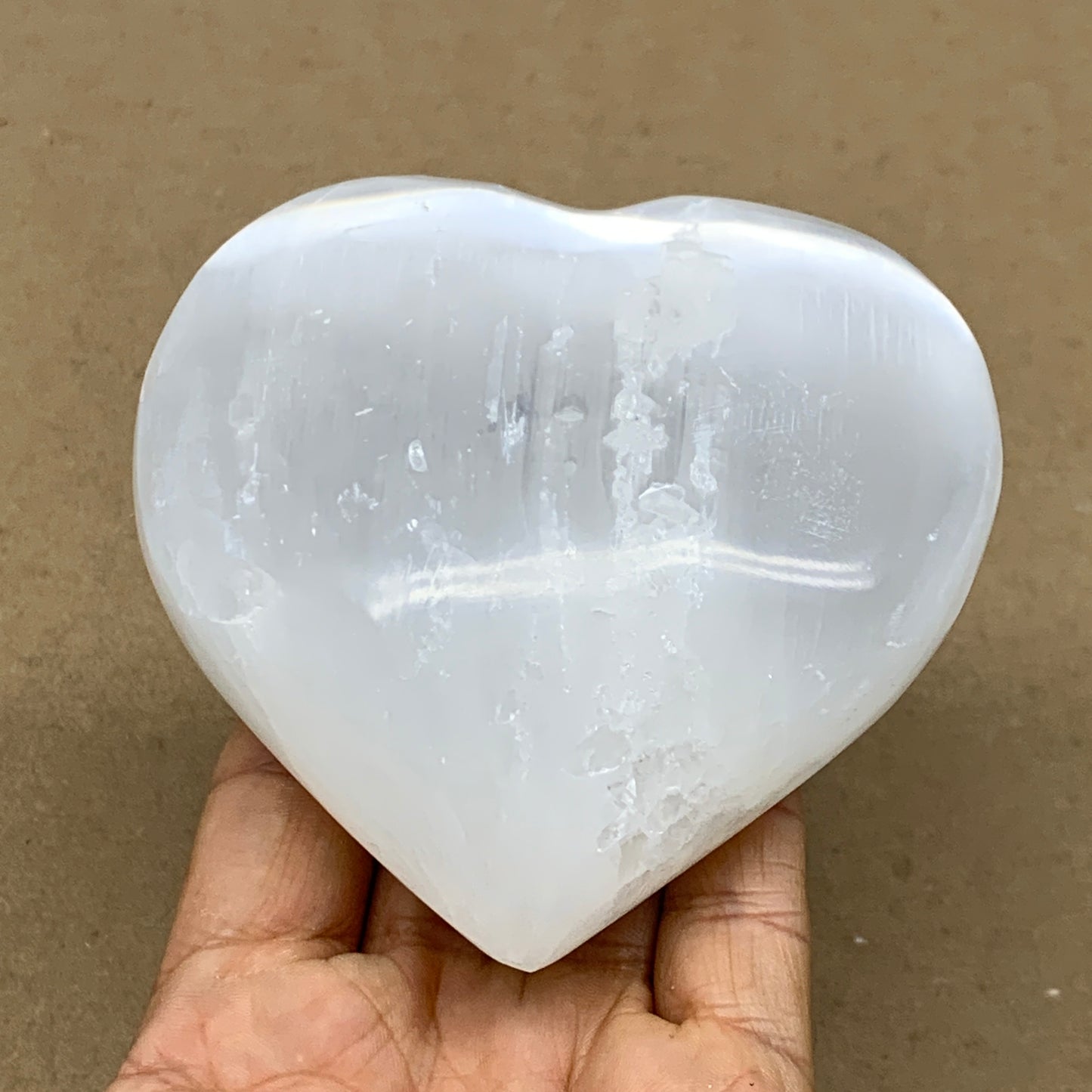 0.97 lbs, 3.8"x3.9"x1.6", Selenite Half Puffy Heart Crystals, Satin Spar, B36577