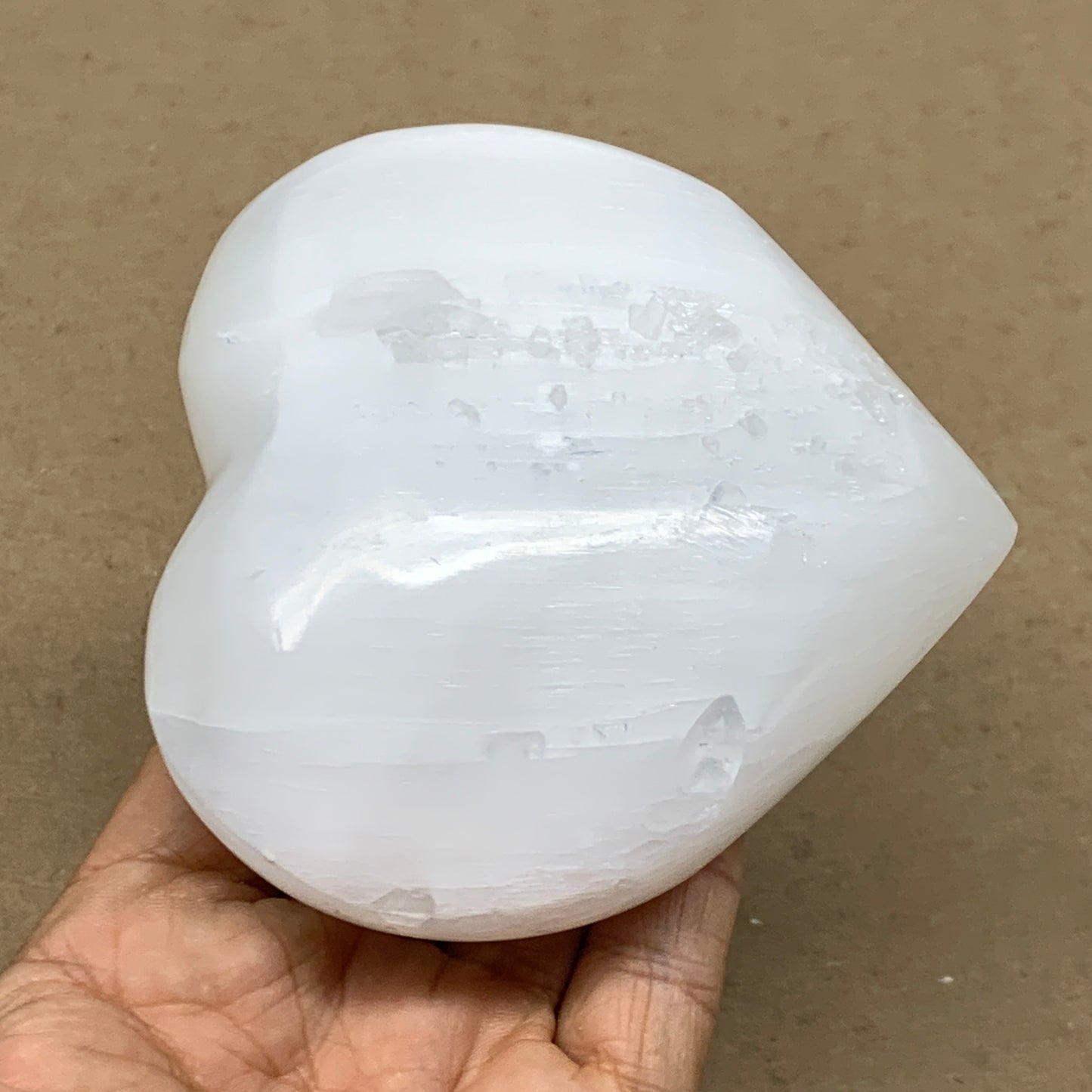 0.97 lbs, 3.8"x3.9"x1.6", Selenite Half Puffy Heart Crystals, Satin Spar, B36577