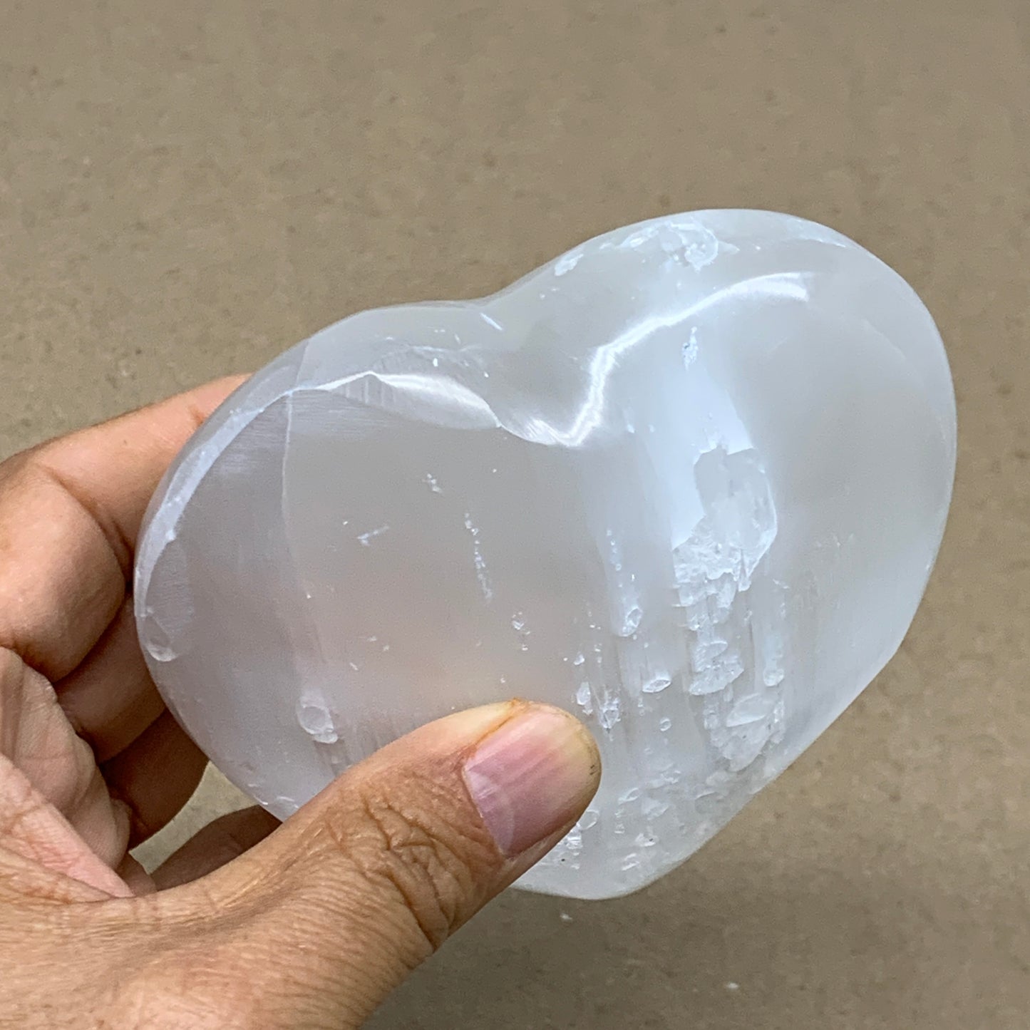 0.97 lbs, 3.8"x3.9"x1.6", Selenite Half Puffy Heart Crystals, Satin Spar, B36577