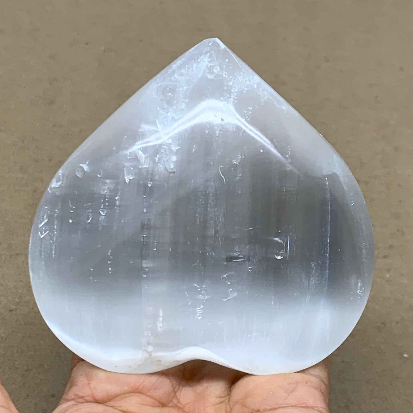 0.97 lbs, 3.8"x3.9"x1.6", Selenite Half Puffy Heart Crystals, Satin Spar, B36577