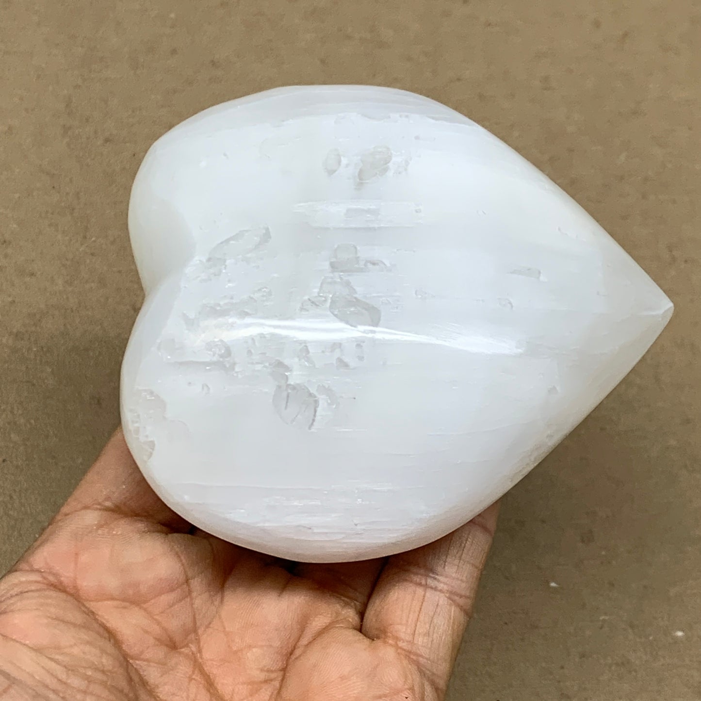 0.83 lbs, 3.8"x3.6"x1.6", Selenite Half Puffy Heart Crystals, Satin Spar, B36578