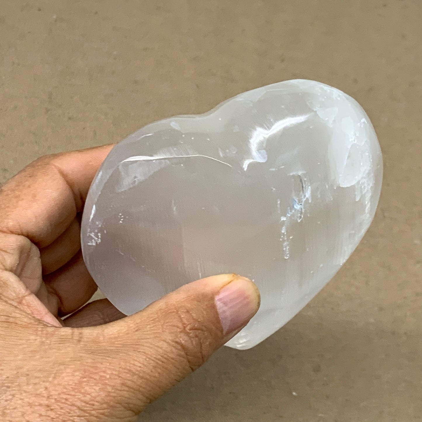 0.83 lbs, 3.8"x3.6"x1.6", Selenite Half Puffy Heart Crystals, Satin Spar, B36578