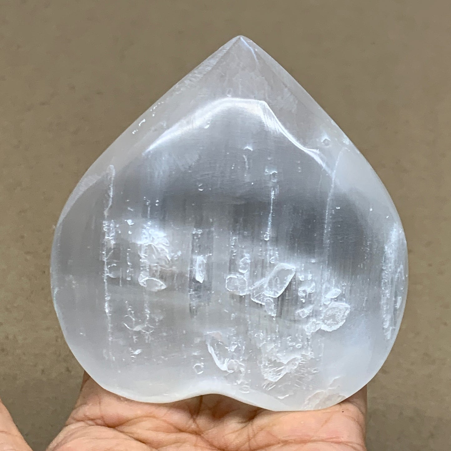 0.83 lbs, 3.8"x3.6"x1.6", Selenite Half Puffy Heart Crystals, Satin Spar, B36578