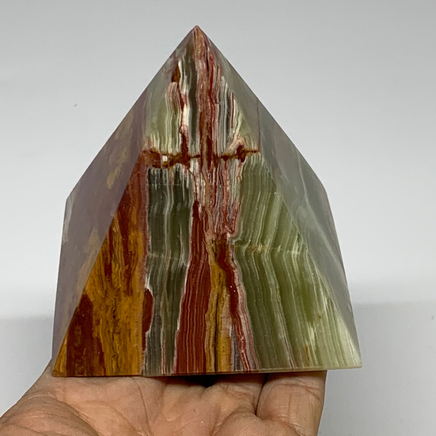 1.05 lbs, 3.1"x3"x3", Green Onyx Pyramid Gemstone Crystal, B32466