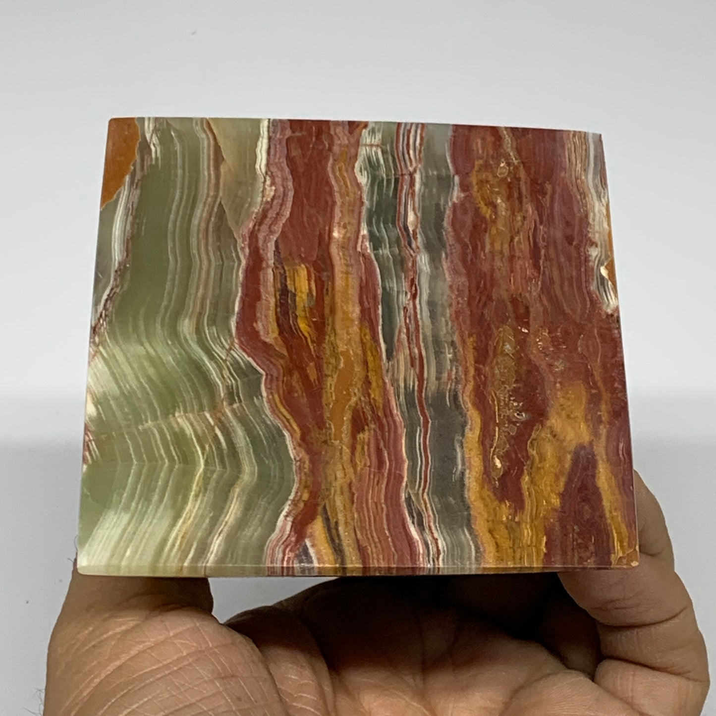 1.05 lbs, 3.1"x3"x3", Green Onyx Pyramid Gemstone Crystal, B32466