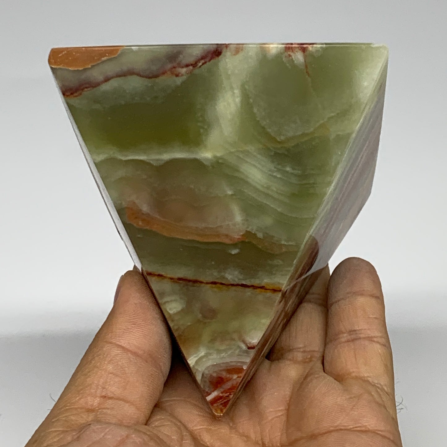 1.05 lbs, 3.1"x3"x3", Green Onyx Pyramid Gemstone Crystal, B32466