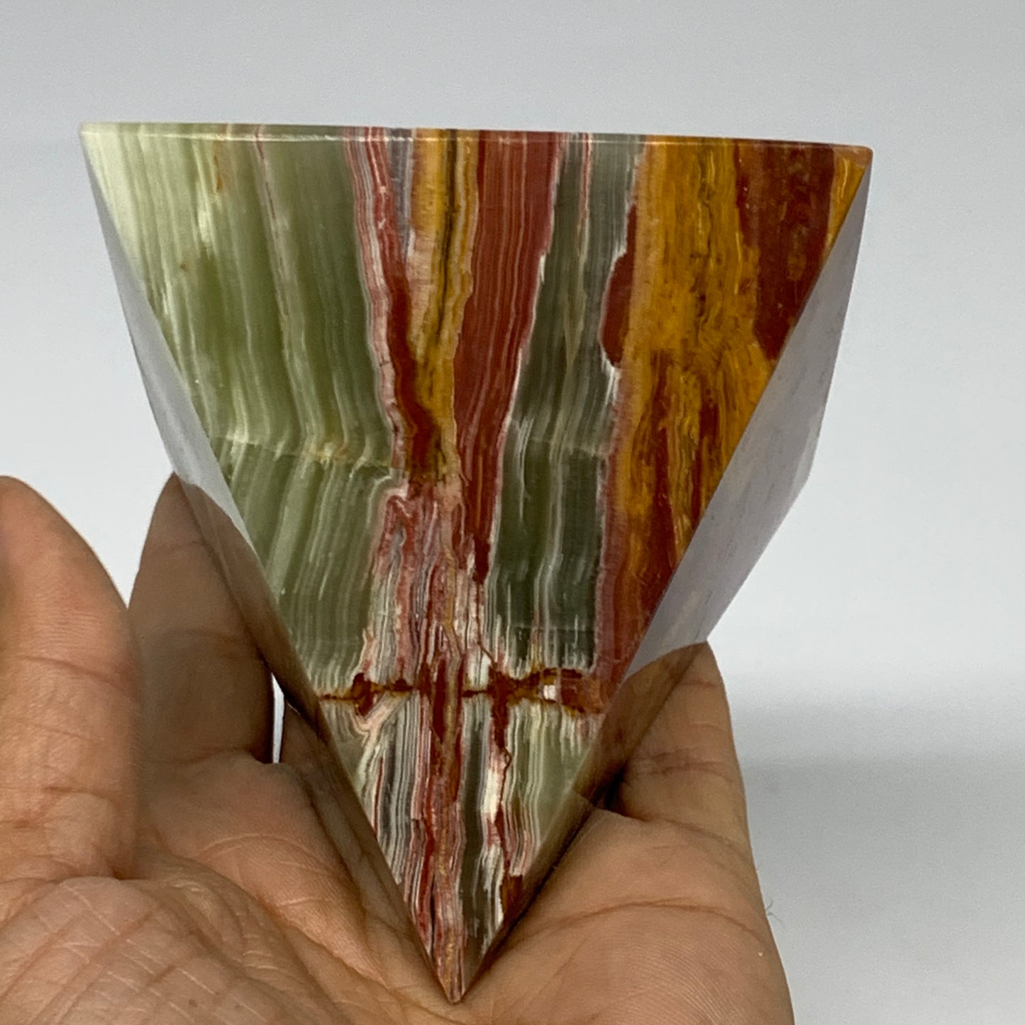 1.05 lbs, 3.1"x3"x3", Green Onyx Pyramid Gemstone Crystal, B32466