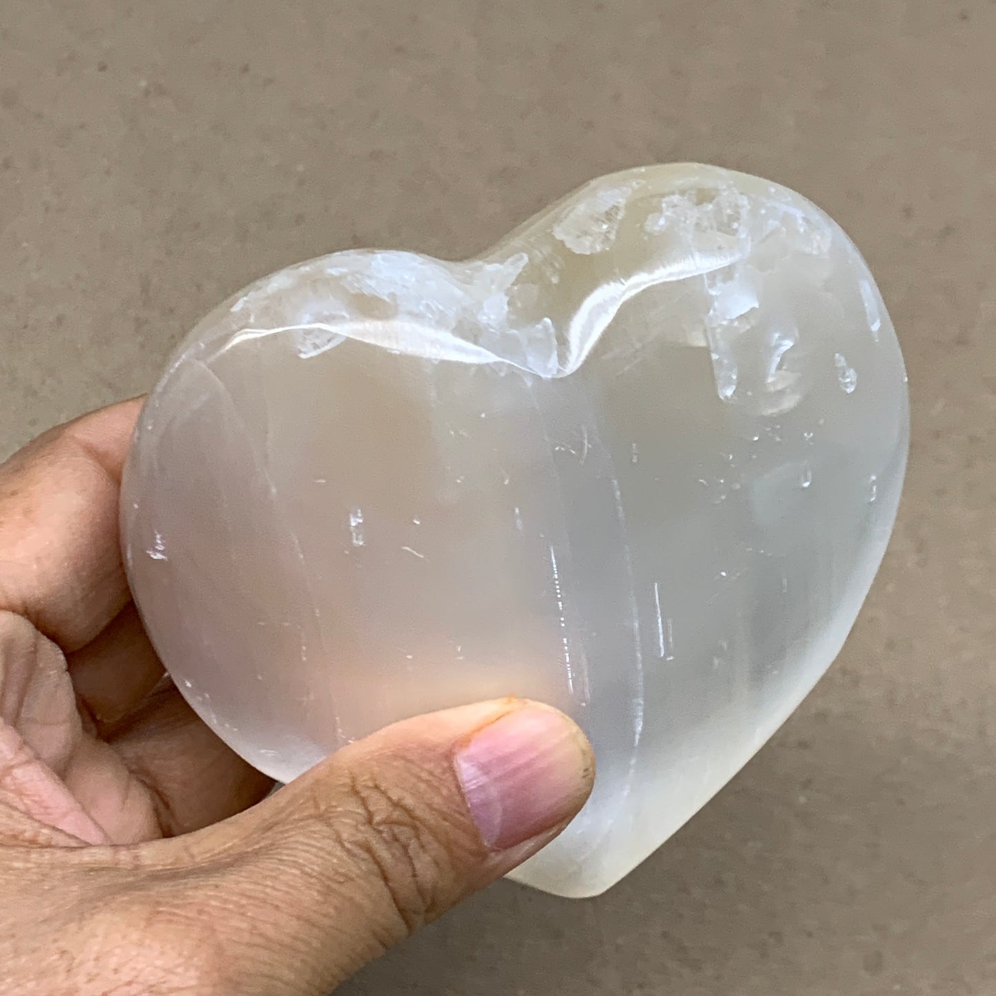 0.83 lbs, 3.8"x3.6"x1.6", Selenite Half Puffy Heart Crystals, Satin Spar, B36579