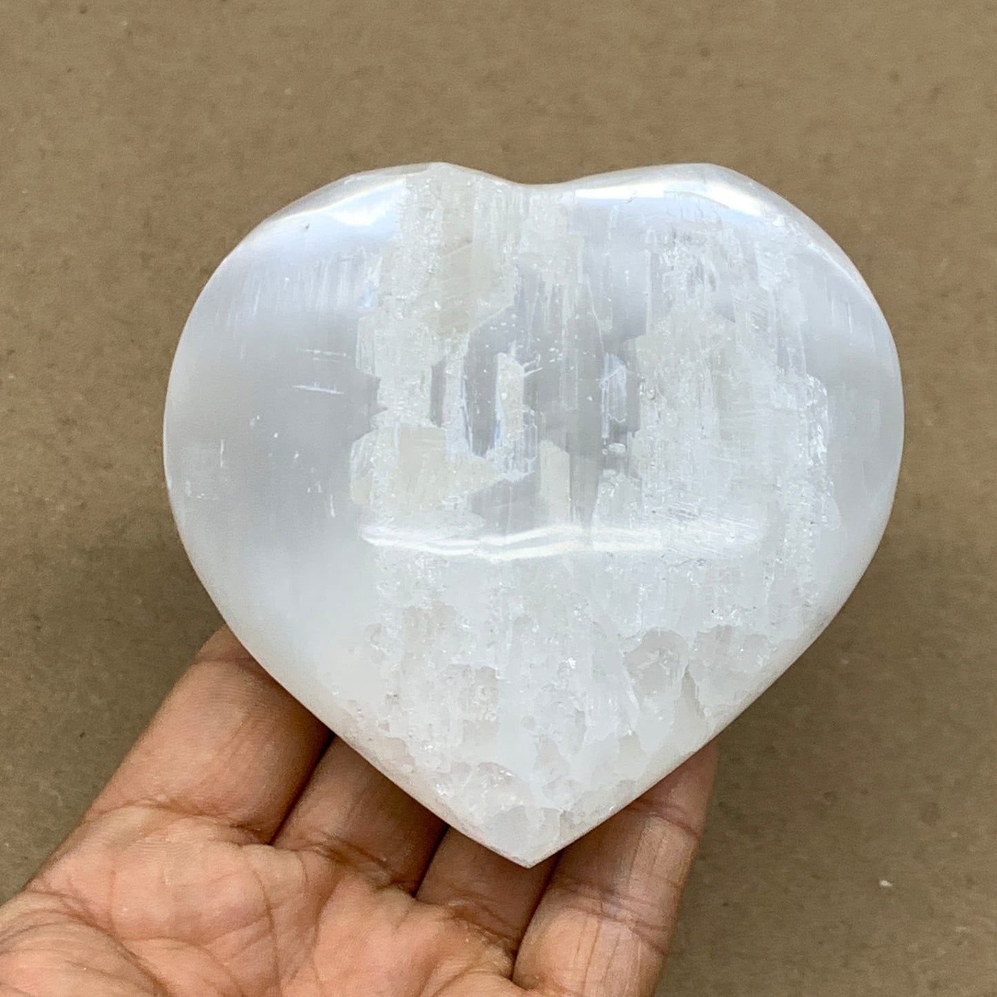 0.88 lbs, 3.7"x3.5"x1.7", Selenite Half Puffy Heart Crystals, Satin Spar, B36580
