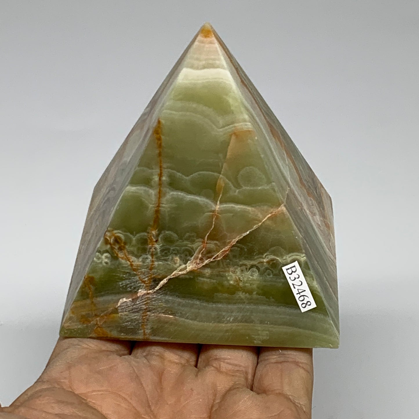 0.97 lbs, 3"x2.9"x2.9", Green Onyx Pyramid Gemstone Crystal, B32468