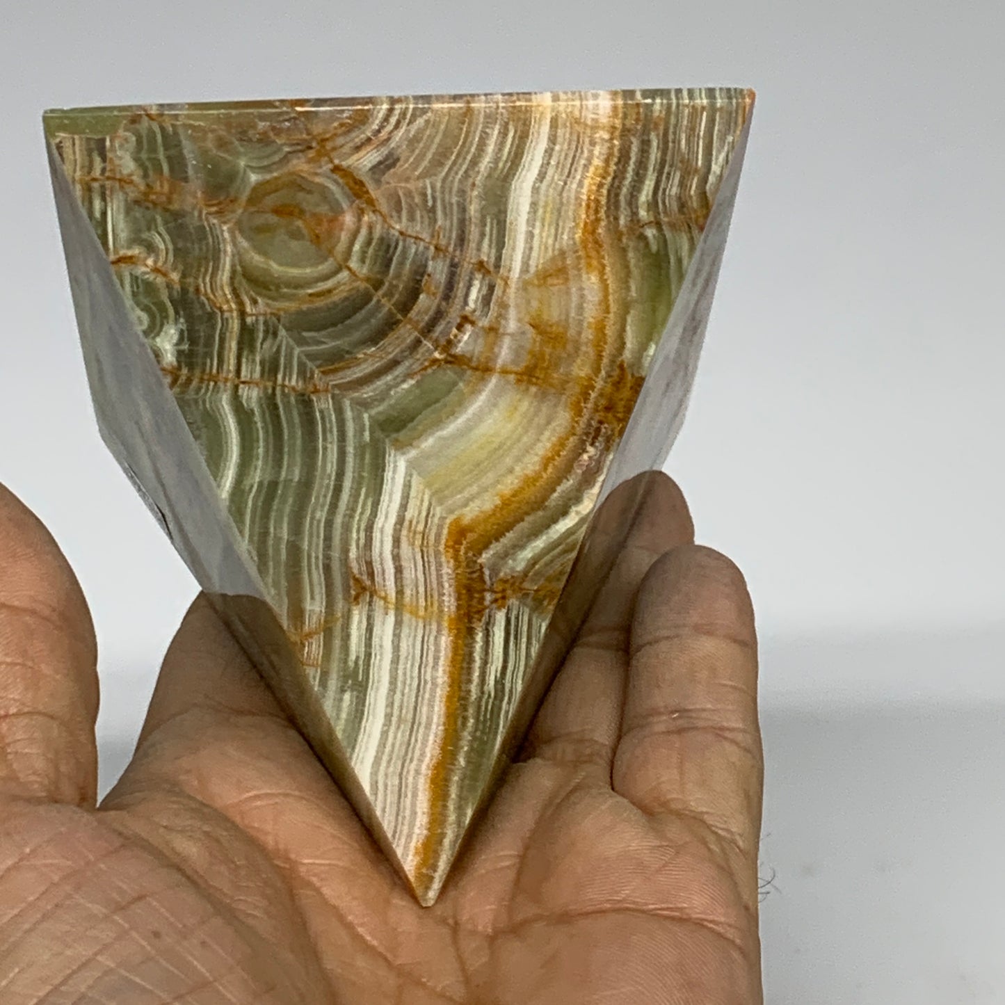 0.97 lbs, 3"x2.9"x2.9", Green Onyx Pyramid Gemstone Crystal, B32468
