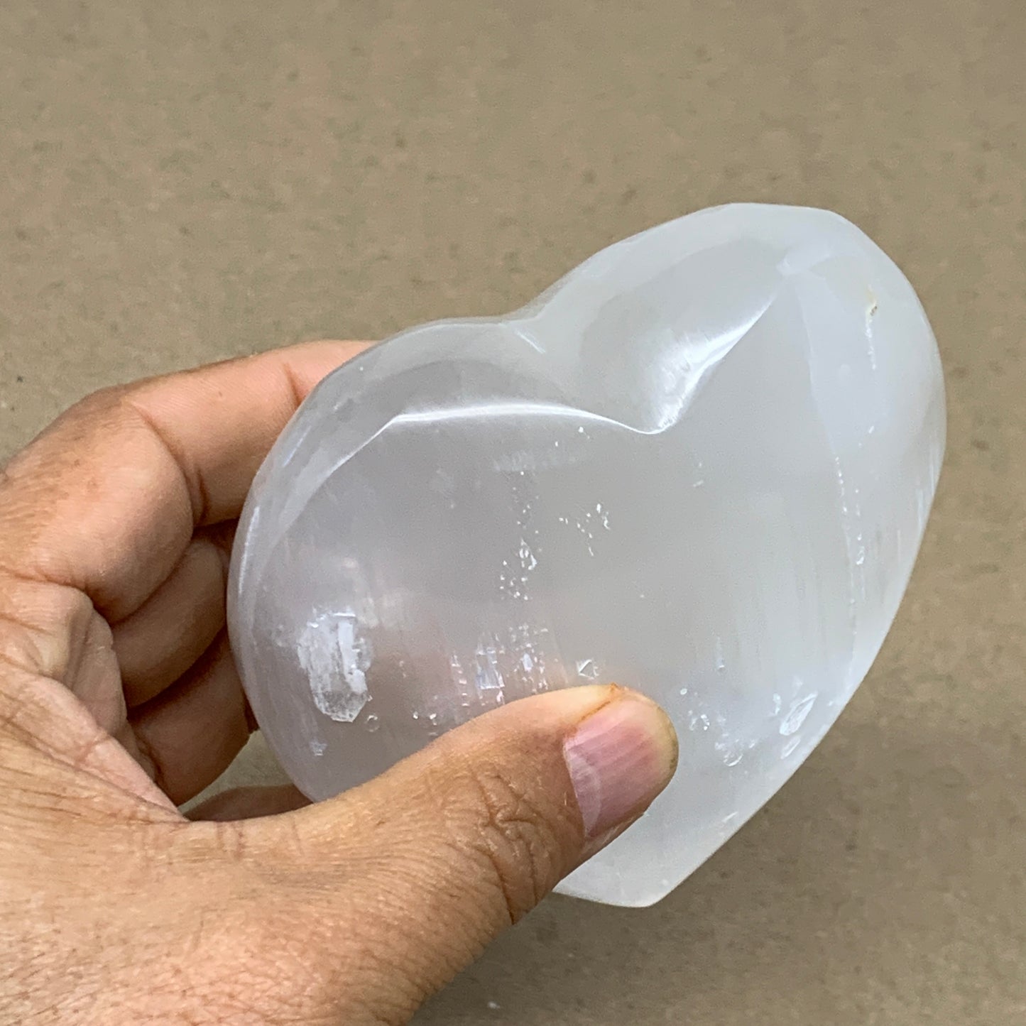 0.83 lbs, 3.8"x3.5"x1.6", Selenite Half Puffy Heart Crystals, Satin Spar, B36581