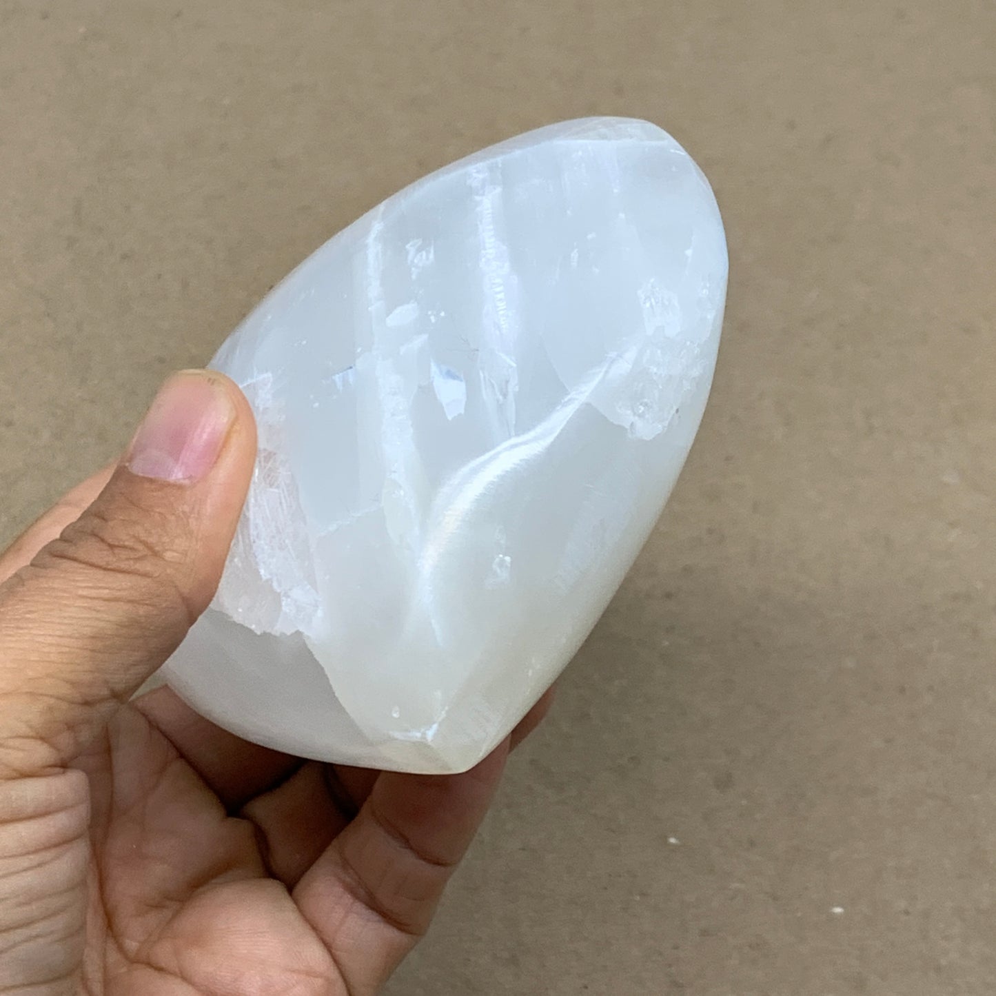 0.92 lbs, 3.8"x3.8"x1.6", Selenite Half Puffy Heart Crystals, Satin Spar, B36582
