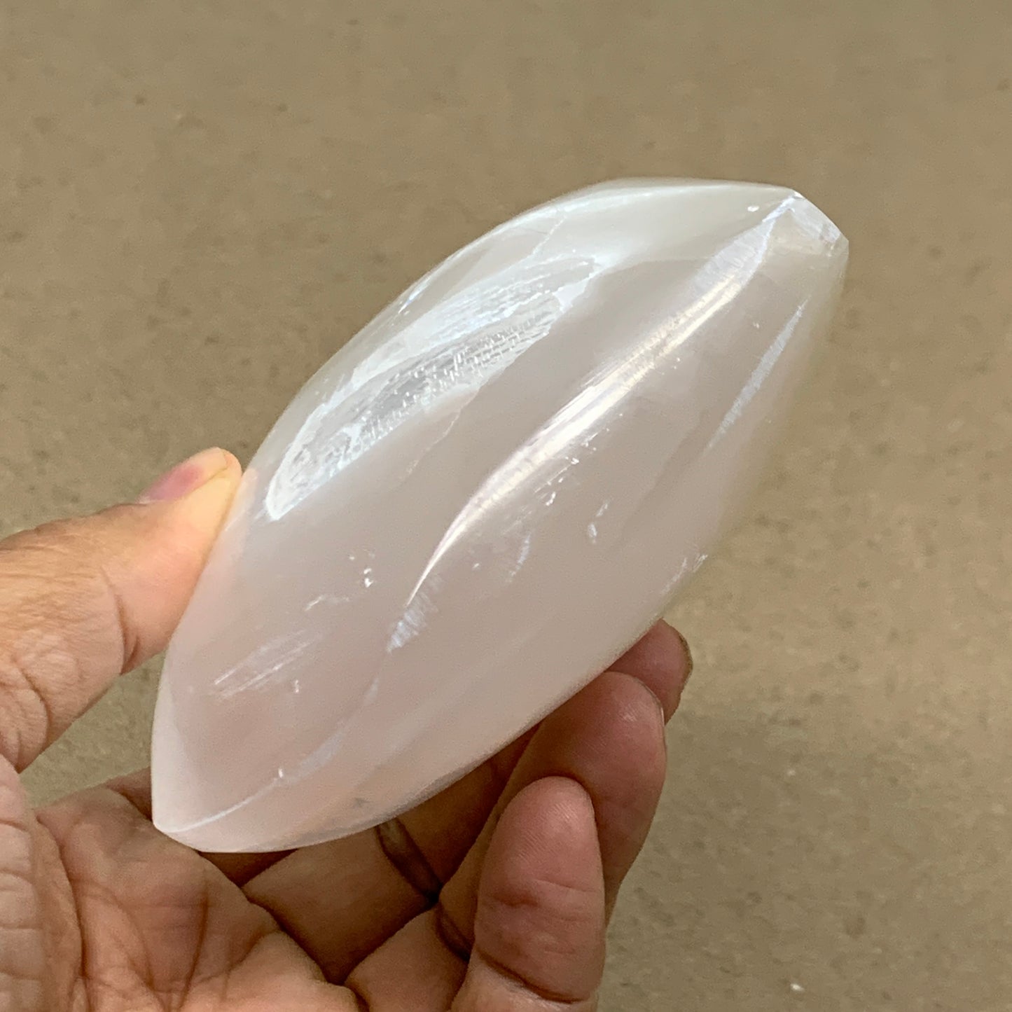 0.92 lbs, 3.8"x3.8"x1.6", Selenite Half Puffy Heart Crystals, Satin Spar, B36582