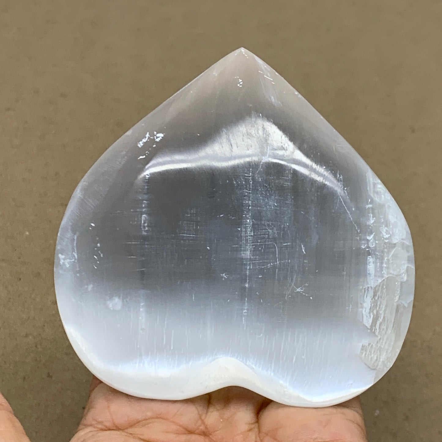 0.92 lbs, 3.8"x3.8"x1.6", Selenite Half Puffy Heart Crystals, Satin Spar, B36582