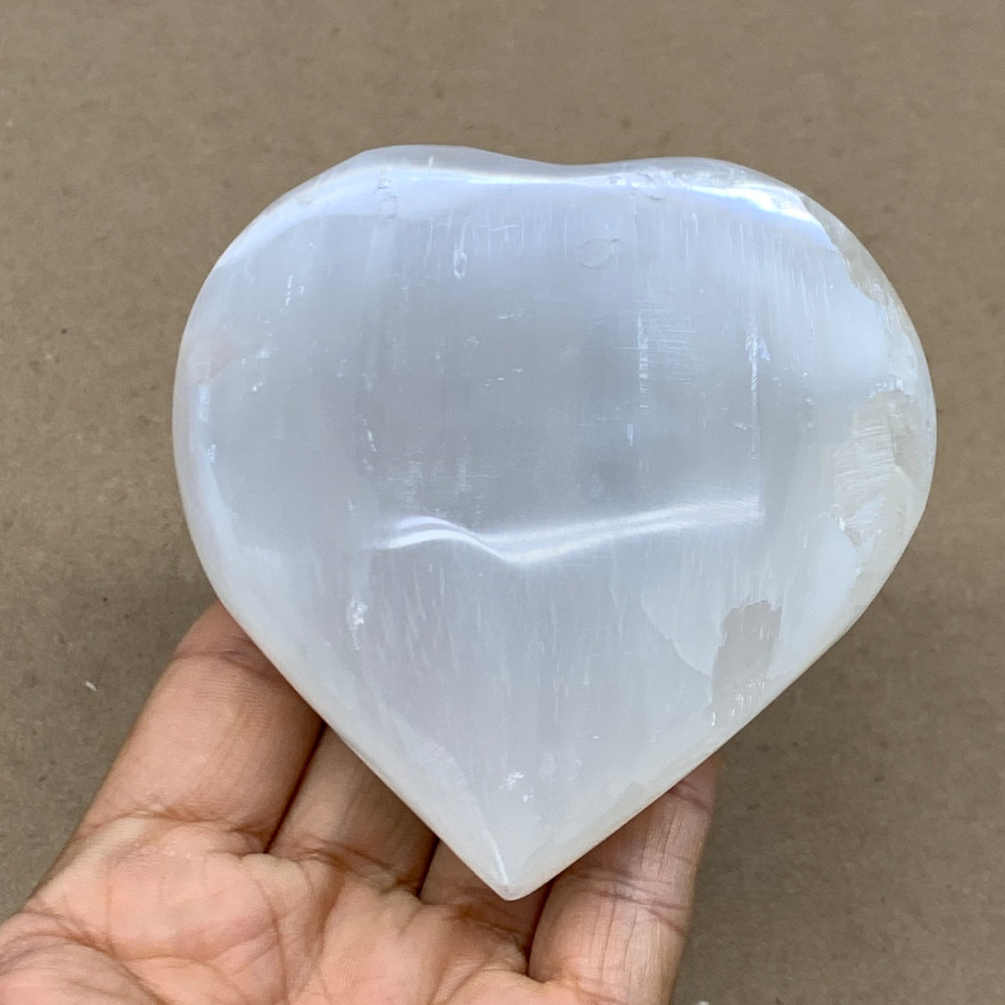 0.85 lbs, 3.8"x3.5"x1.6", Selenite Half Puffy Heart Crystals, Satin Spar, B36583