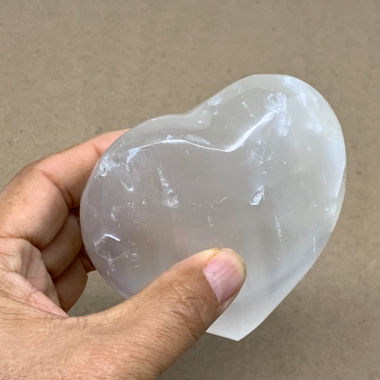 0.85 lbs, 3.8"x3.5"x1.6", Selenite Half Puffy Heart Crystals, Satin Spar, B36583