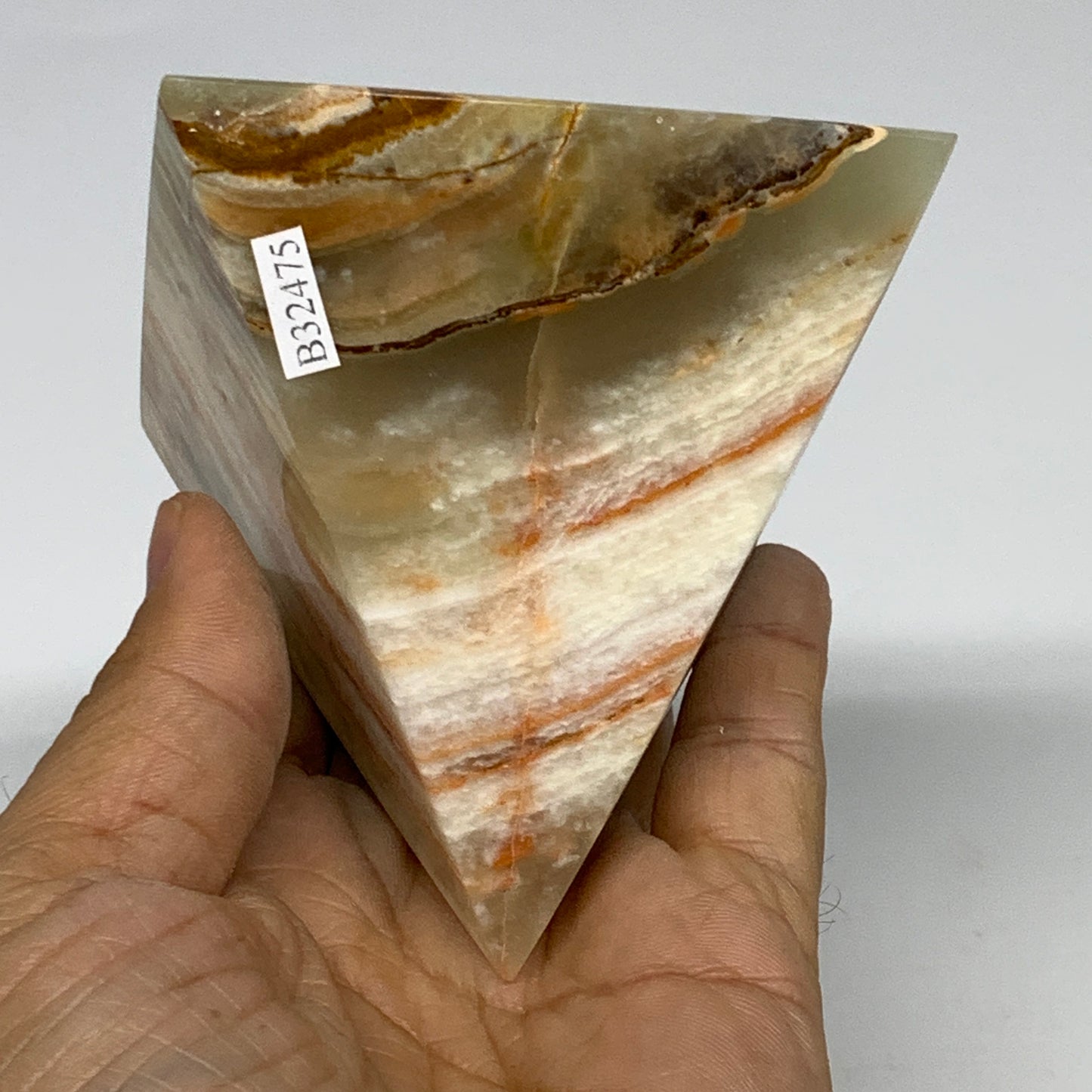 0.93 lbs, 3"x3"x3", Green Onyx Pyramid Gemstone Crystal, B32475