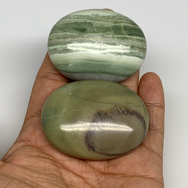 133.1g, 2.1"- 2.2", 2pcs, Natural Serpentine Palm-Stone Reiki @India, B29591