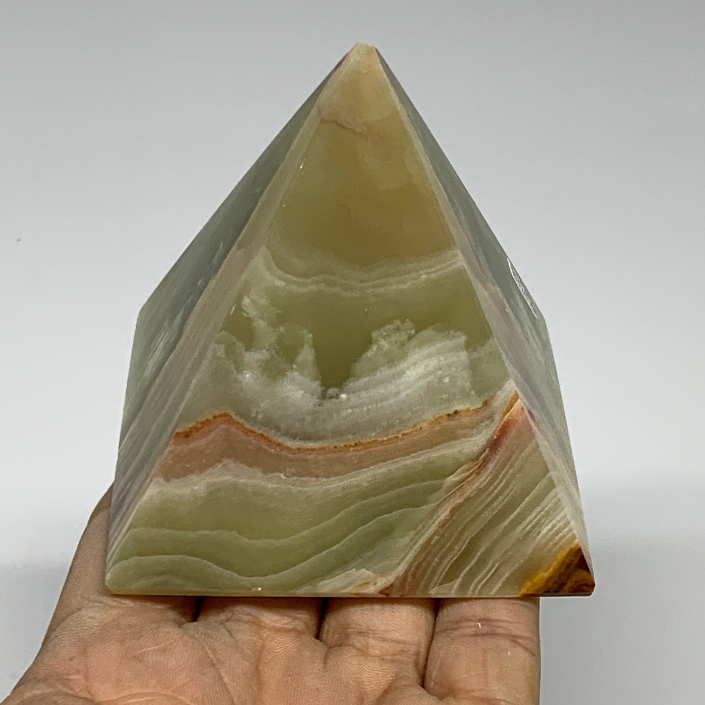 0.82 lbs, 2.8"x2.8"x2.8", Green Onyx Pyramid Gemstone Crystal, B32476