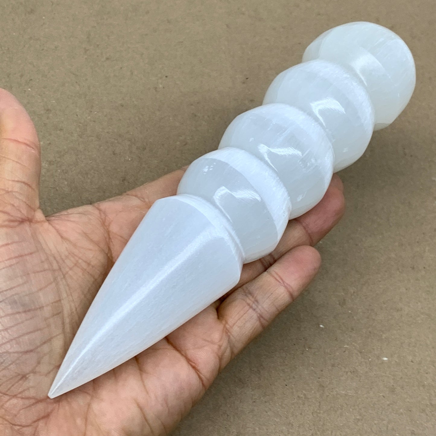 0.88 lbs.,7.5"x1.7", Large White Selenite Spiral Wand Crystal Point, B36597