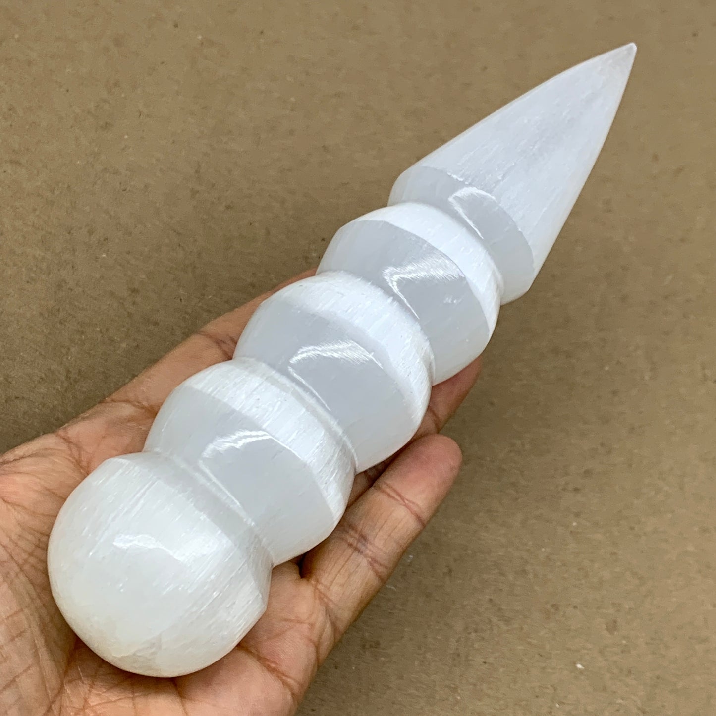 0.88 lbs.,7.5"x1.7", Large White Selenite Spiral Wand Crystal Point, B36597