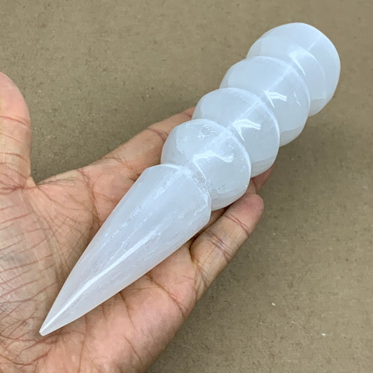 0.77 lbs.,7.5"x1.7", Large White Selenite Spiral Wand Crystal Point, B36599