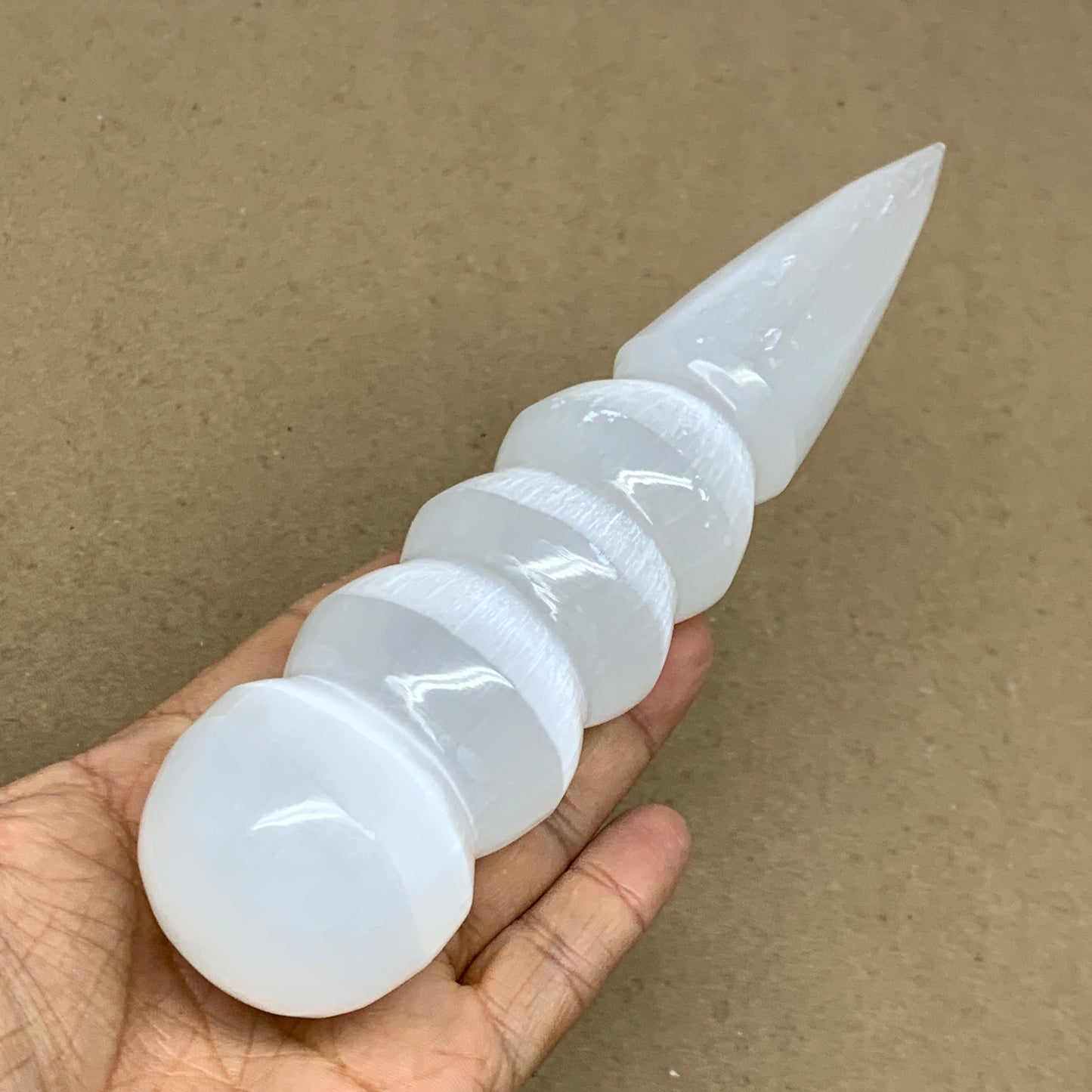 0.77 lbs.,7.5"x1.7", Large White Selenite Spiral Wand Crystal Point, B36599
