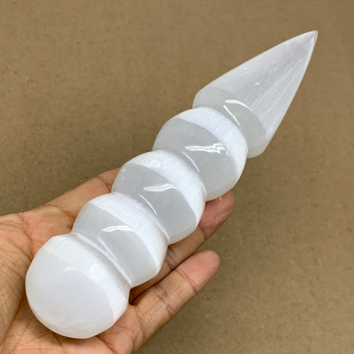 0.81 lbs.,7.5"x1.6", Large White Selenite Spiral Wand Crystal Point, B36601