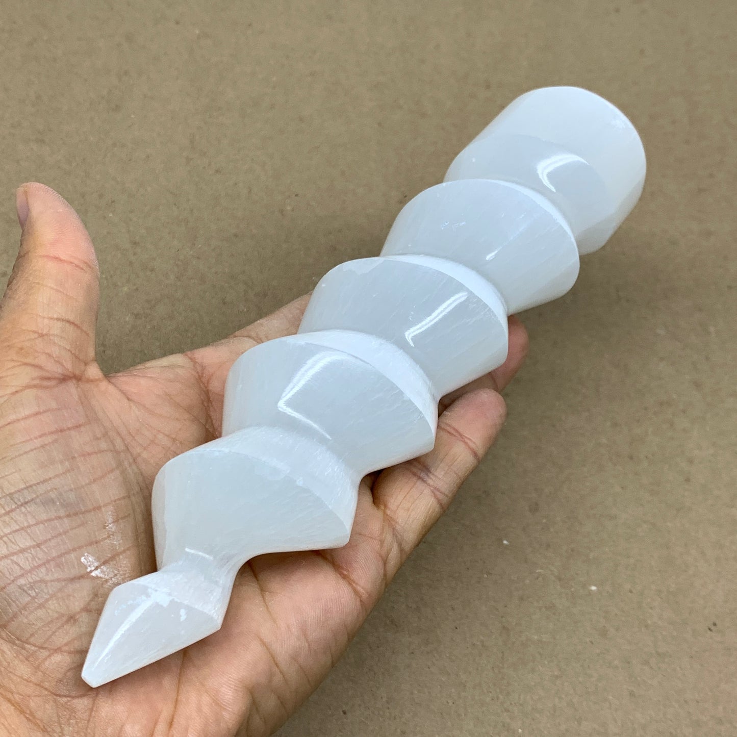 0.94 lbs.,7.25"x1.7", Selenite Spiral Crystal Tower Wand Point, B36609