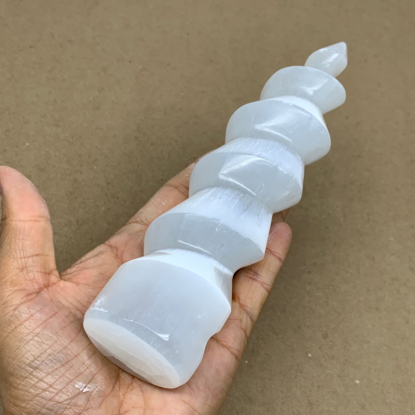 0.94 lbs.,7.25"x1.7", Selenite Spiral Crystal Tower Wand Point, B36609