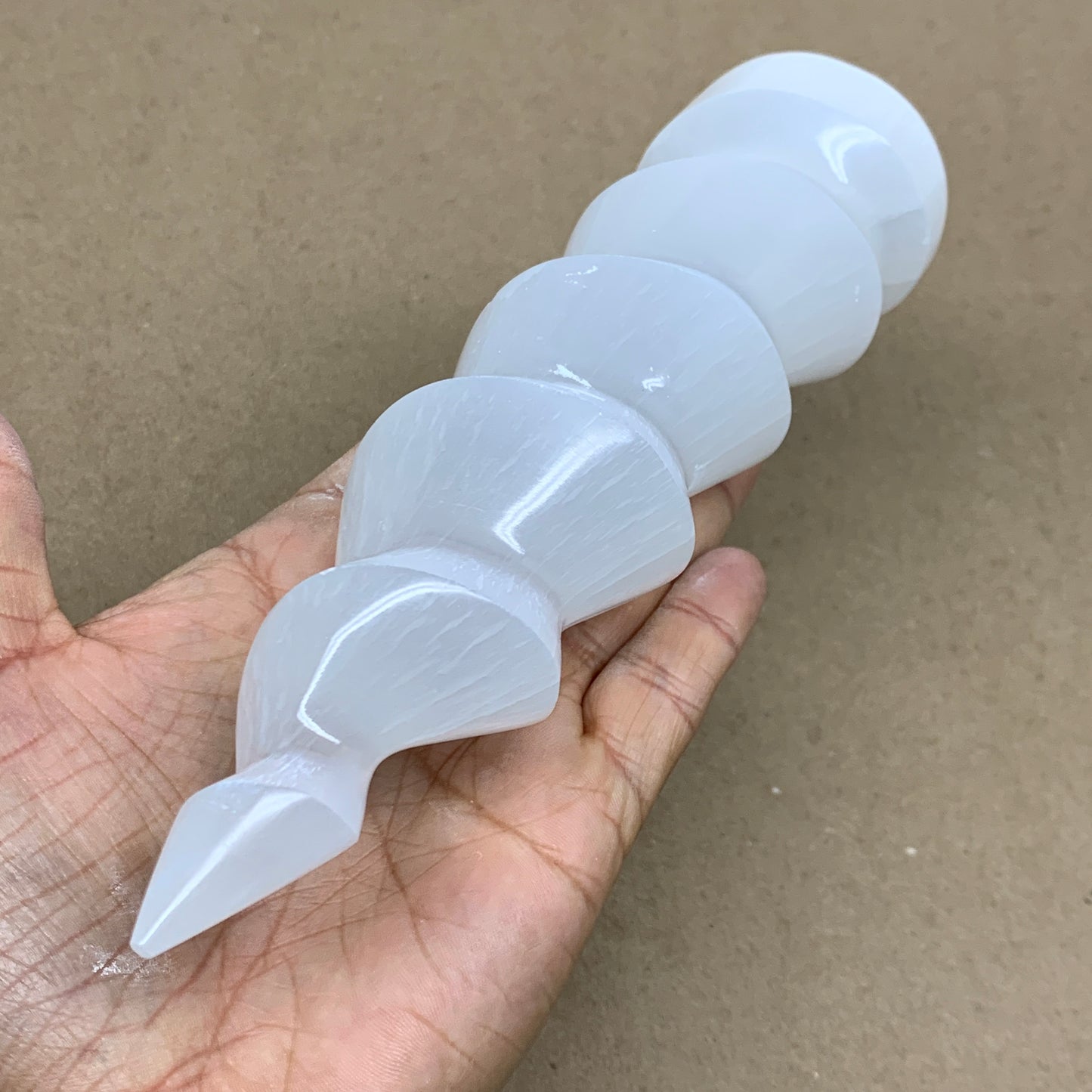 0.98 lbs.,7.25"x2", Selenite Spiral Crystal Tower Wand Point, B36610